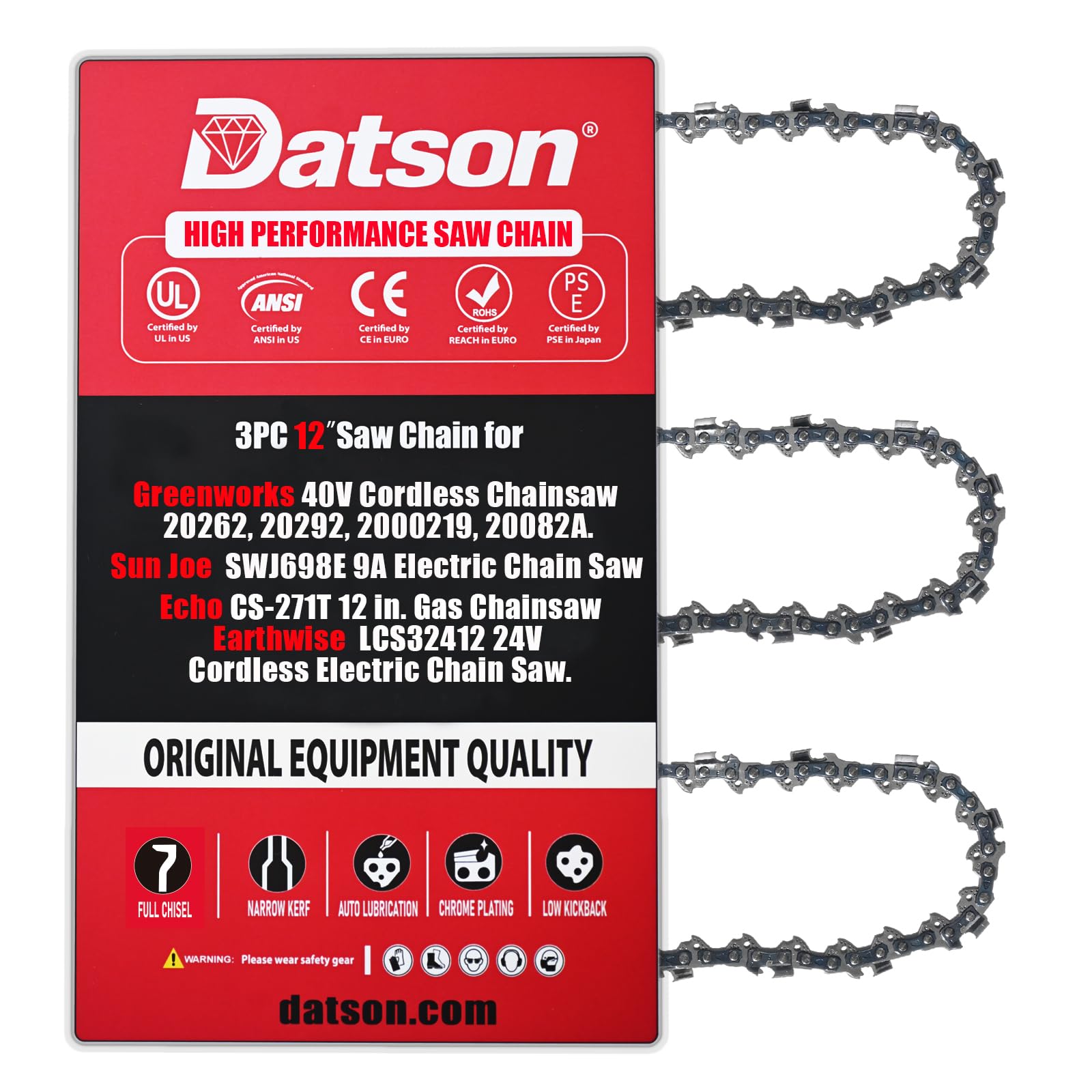 3 cadenas de motosierra de 12 pulgadas para motosierra Greenworks 40 V 20262 20292, cadena de repuesto de 12 pulgadas para motosierra Sun Joe SWJ698E 9A – 3/8 pulgadas – .50 pulgadas – 45 DL