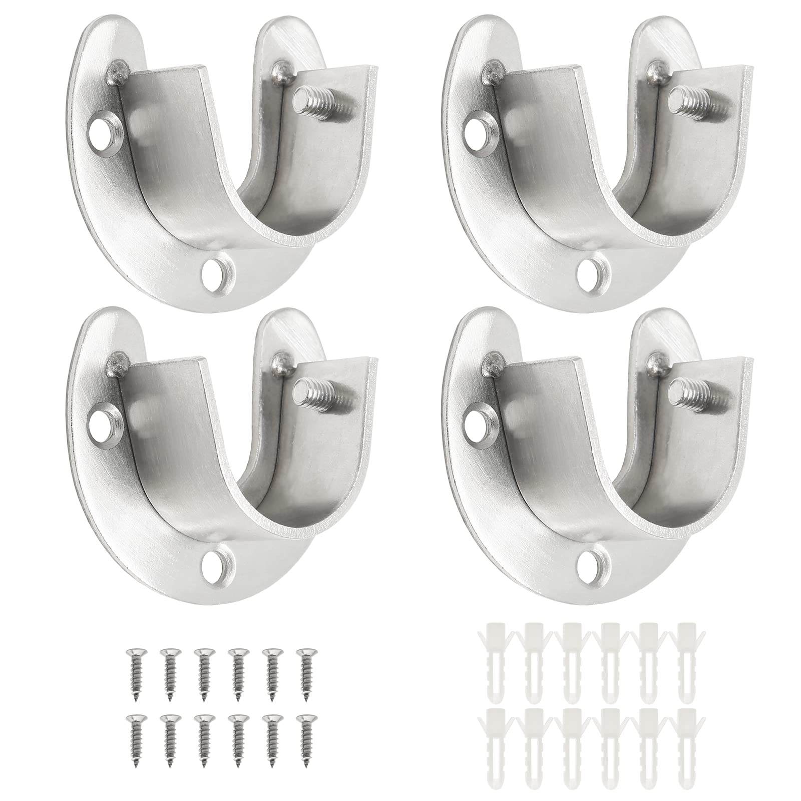 Suiwotin 4PCS Closet Rod Bracket 1-1/3 Inch Diameter Heavy Duty Stainless Steel Rod Socket Flange Rod Holder Round Closet Rod U Shaped Closet Rod End Supports, Silver
