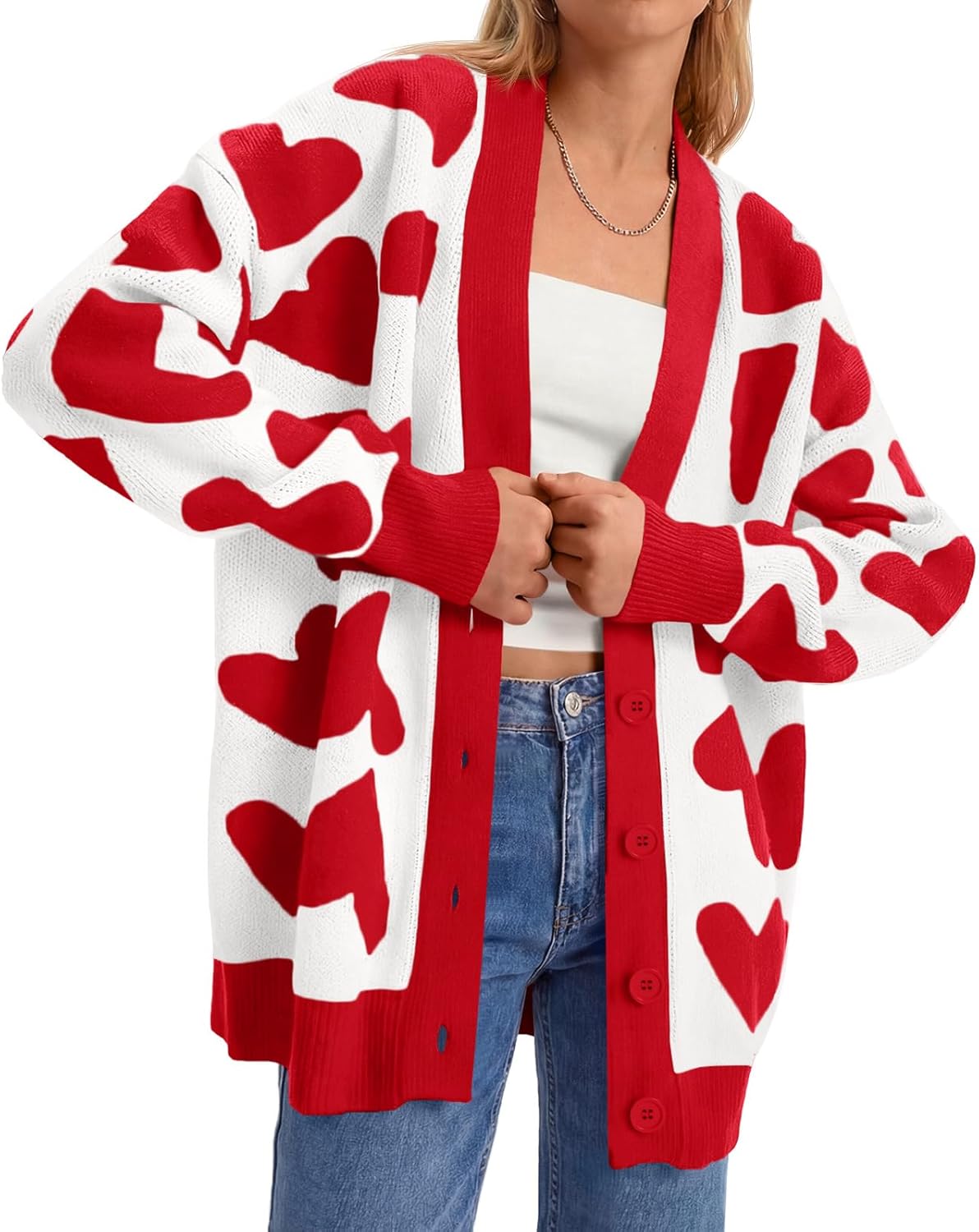 Saodimallsu Womens Heart Cardigan Sweaters Cute Valentines Oversized V Neck Button Up Winter Sweater Coats