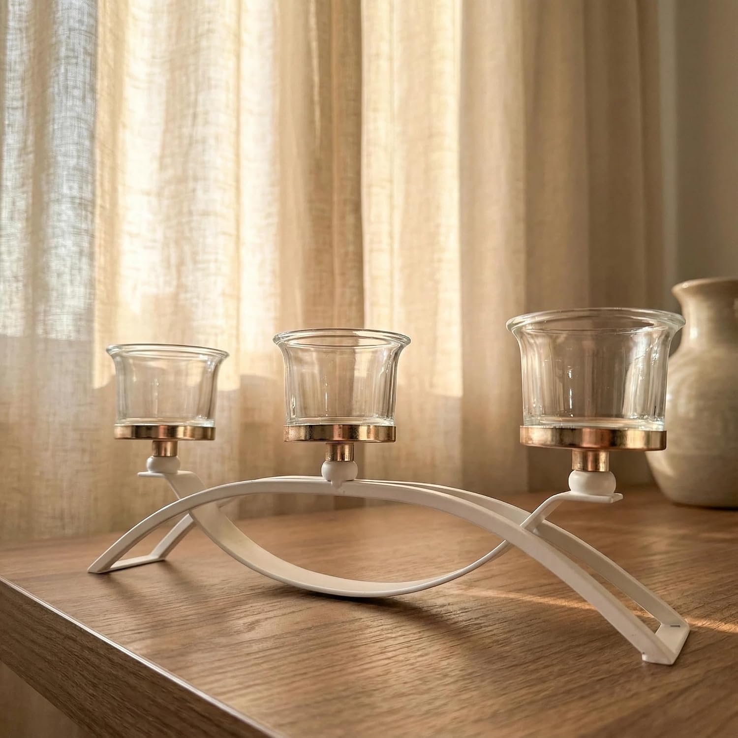 Gold Iron Arch Candle Holder Centerpiece with 3 Glass Votive Cups, 10.6 Inch Table Decoration for Weddings, Dining Room, Kitchen,Arch Table Centerpiece Decorations Long Candle Holder