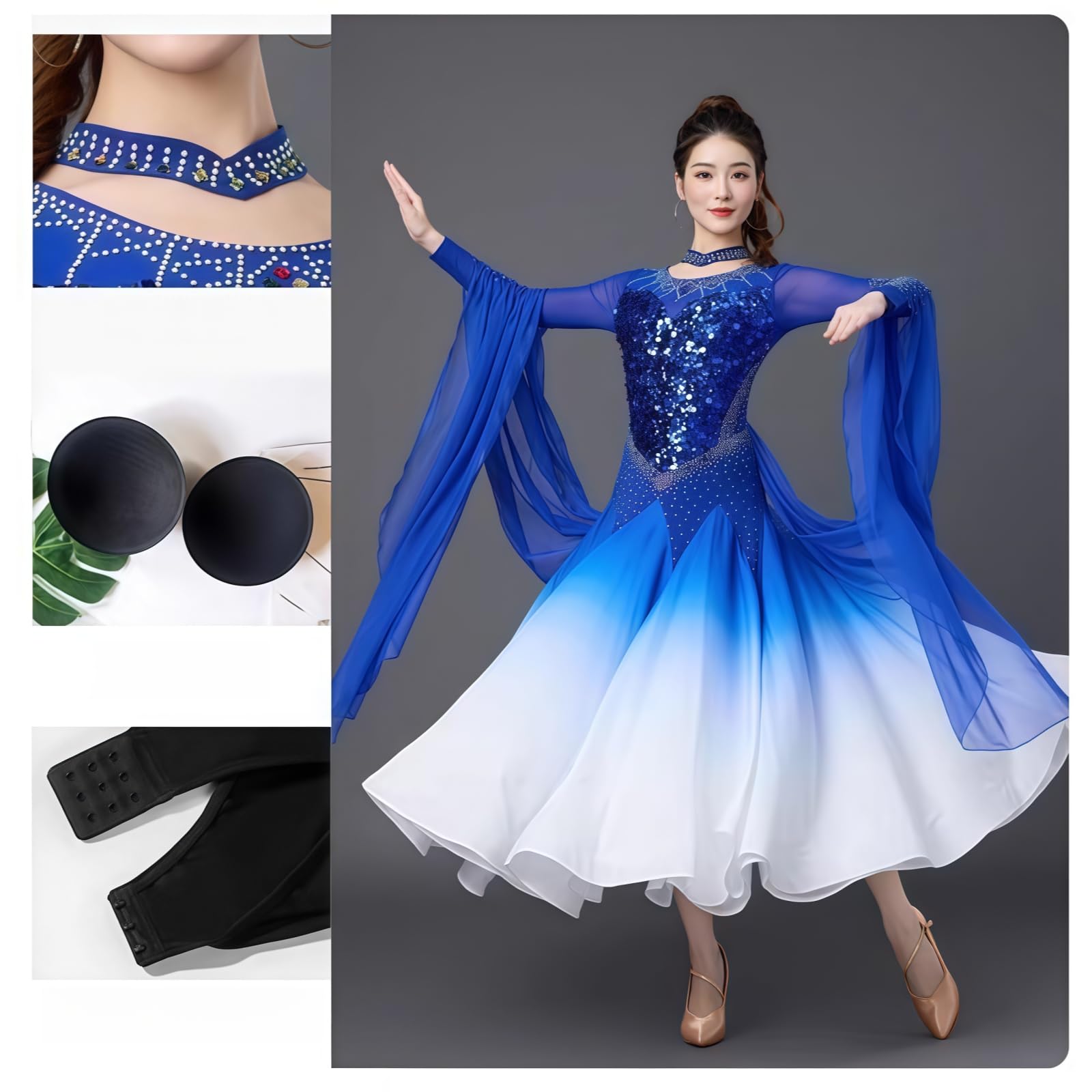 Damen Standard Ballroom Tanzkleid, Elegantes Langarm Tanzkleid Mit Rundhalsausschnitt, Strass Und Fließendem Chiffonrock Mit Farbverlauf Für Walzer Tango Foxtrott