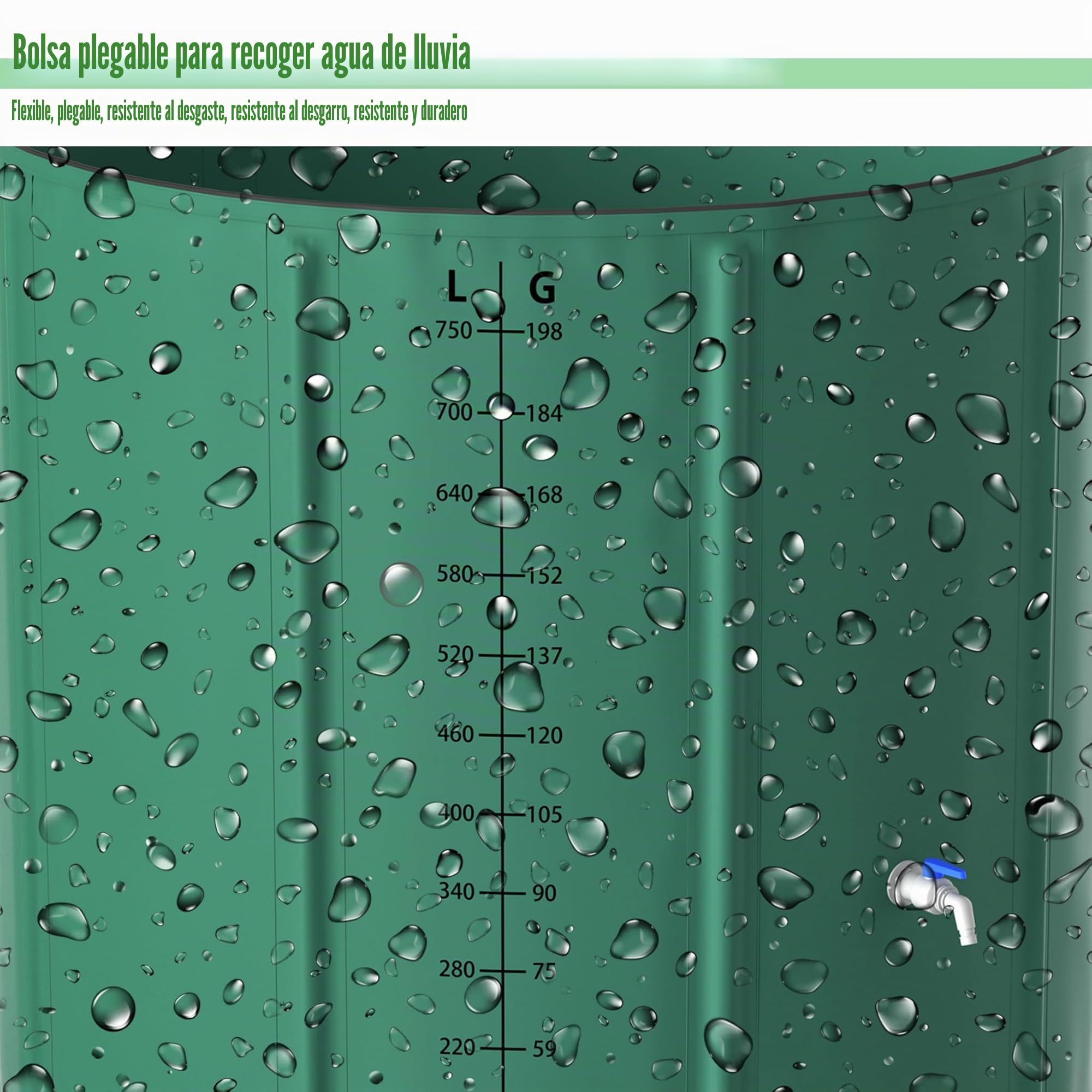 750L Toneladas Plegables para Recoger Agua de Lluvia, 150 Galones Contenedor de Agua con Grifo, Escala y Salida. Depósito de Agua Plegable con Soporte y Varilla de Apoyo. Tanque de Agua Verde