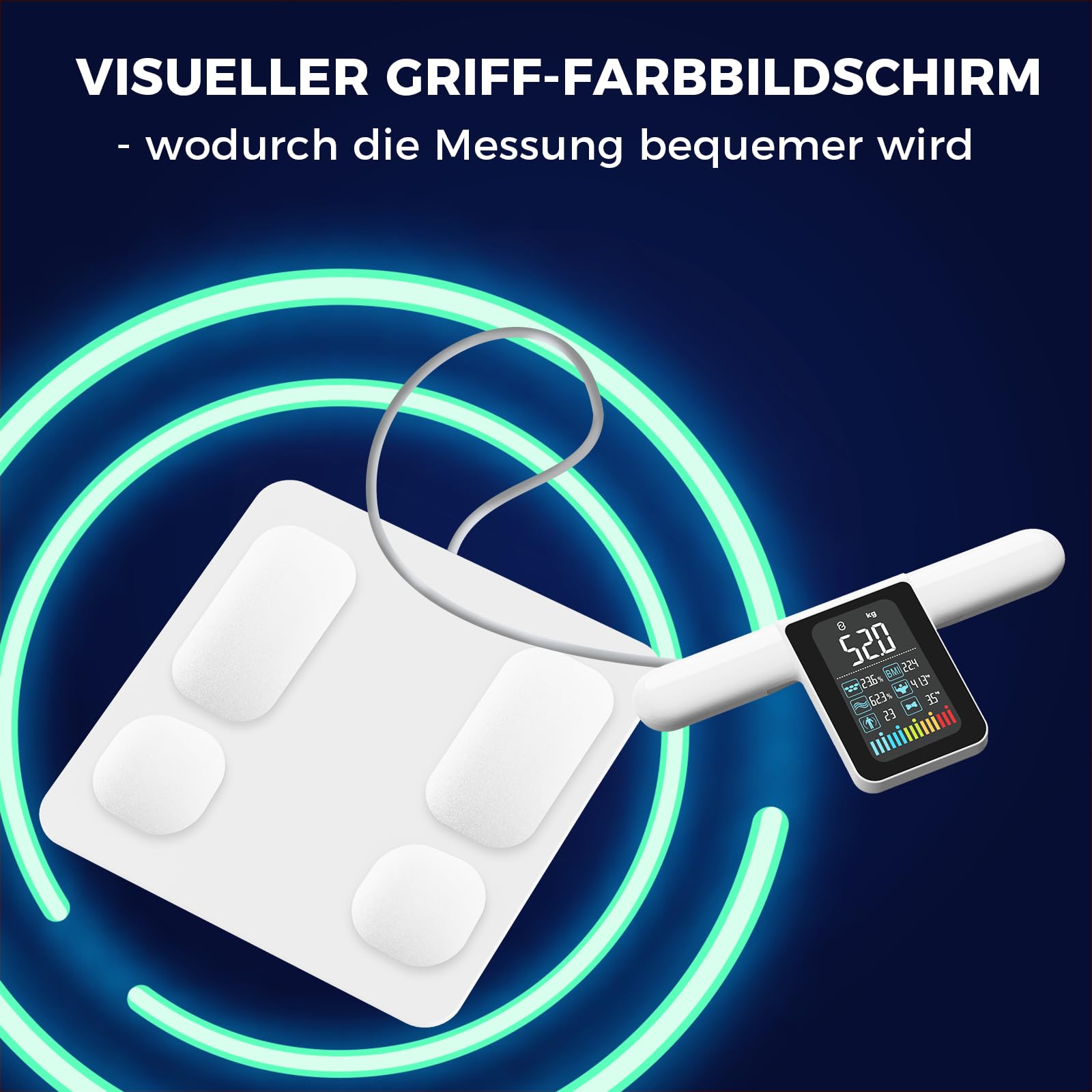 Lepulse Körperfettwaage mit Handsensoren, Großer Display-Griff, Waage mit Körperfett und Muskelmasse, Waage mit 8 Hochpräzisen Sensoren und APP, Personenwaage mit Körperfettanalyse, 20 Messdaten