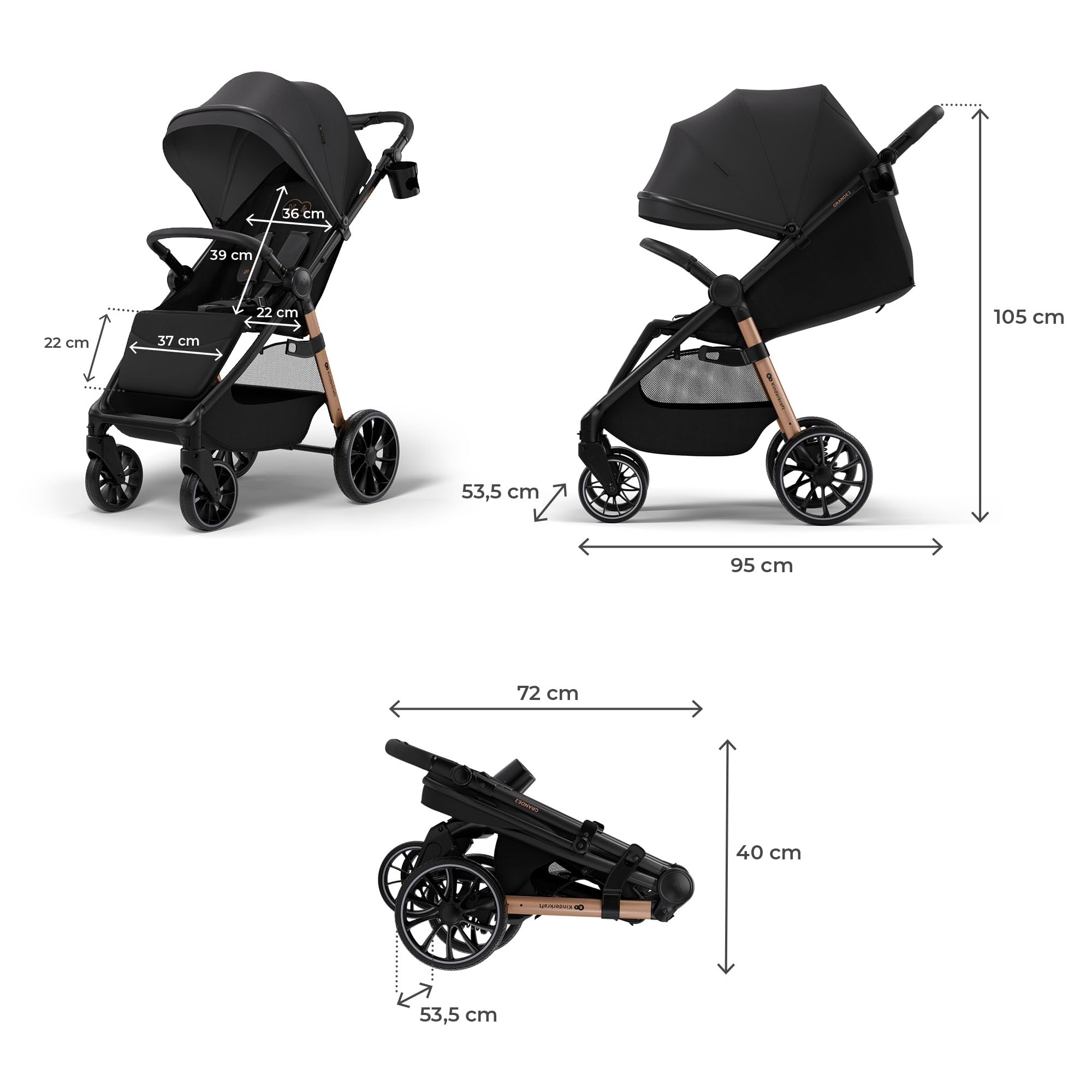 Kinderkraft GRANDE 2 - Passeggino | Grandi ruote, CLICK&FOLD, Nero