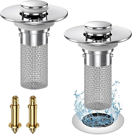 2PC Bathroom Sink Stopper Hair Catcher, Pop Up Sink Drain Filter with Removable Stainless Steel Filter Basket Hair Catcher, for US Bathroom Sink Stopper Replacement.