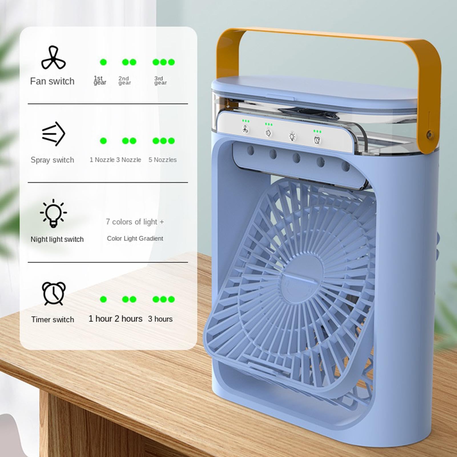 Ventilatore Portatile A Portatile USB Ricaricabile, 3 Velocità, D'Aria | Raffrescatore d'Aria con LED Per Interni Camera Viaggio Campeggio Picnic Vacanza