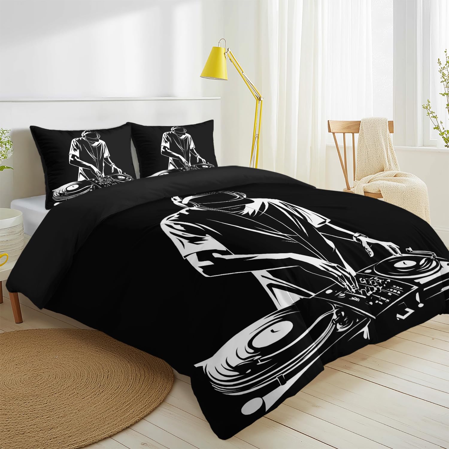 Miękka pościel 3-częściowy 155 x 220 cm – oddychająca i przyjazna dla skóry pościel czarna – minimalistyczny gramofon, awangardowy, modna poszewka na kołdrę dla muzyków, fanów elektryków