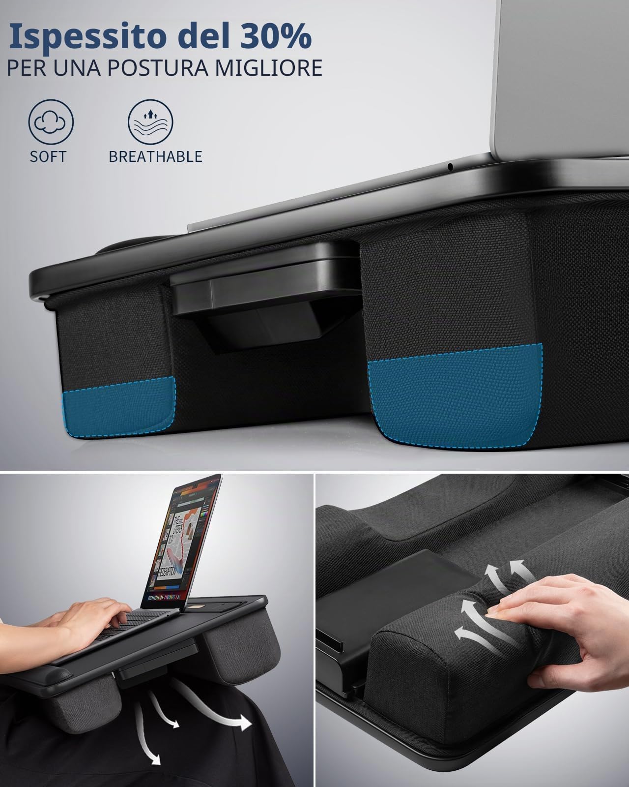 SAIJI Scrivania con luce LED, vassoio portatile per laptop con cuscino, adatta per laptop e MacBook fino a 17", supporto per letto e divano, scrivania per scrivere e leggere