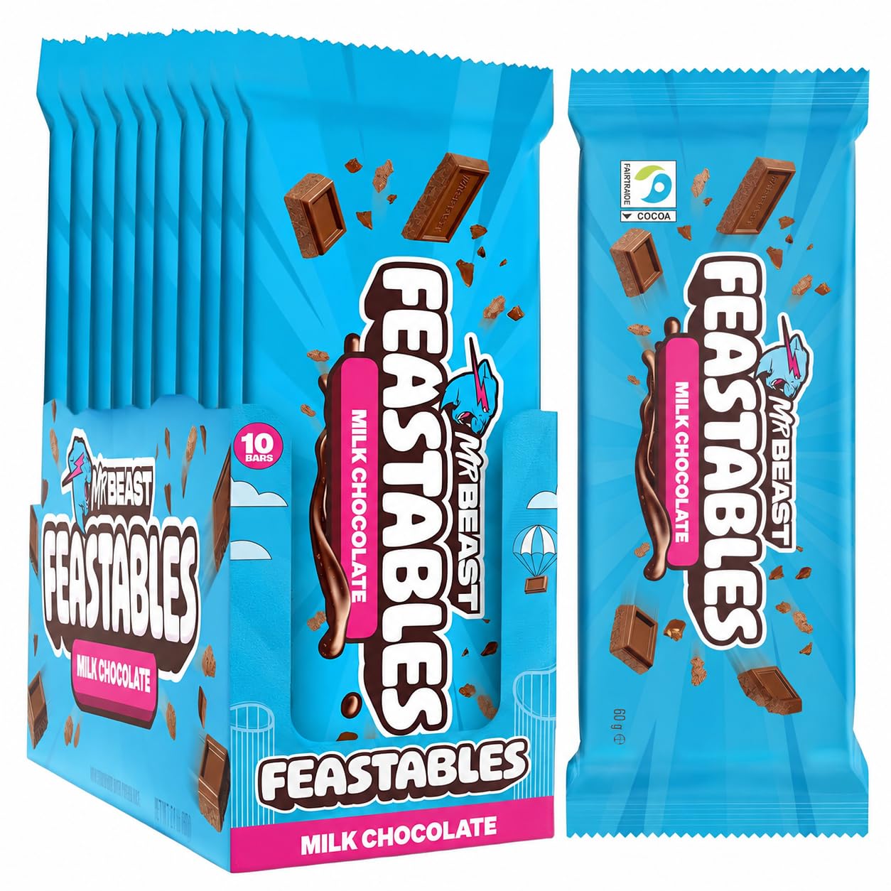 Feastables MrBeast Tableta de Chocolate con Leche 60 g (Pack de 10) - chocolate con leche cremoso con cacao certificado Fairtrade
