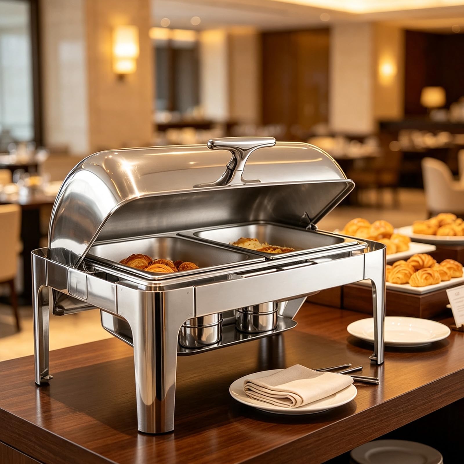 Paquete de Platos de 9 L para bufé, Catering, Calentador de Alimentos | sartén fría y caliente con soporte para tapa, juego de platos de cena de acero inoxidable grueso, servidor de buffet