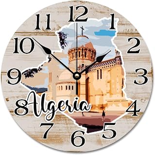 Algeria Landmark City Landscape Wall Clock Algeria Map 10 Inch Wooden Wall Clocks Battery Operated Time Clock Wall Hanging Art Modern Home Decor for Living Room Kitchen Bedroom Office