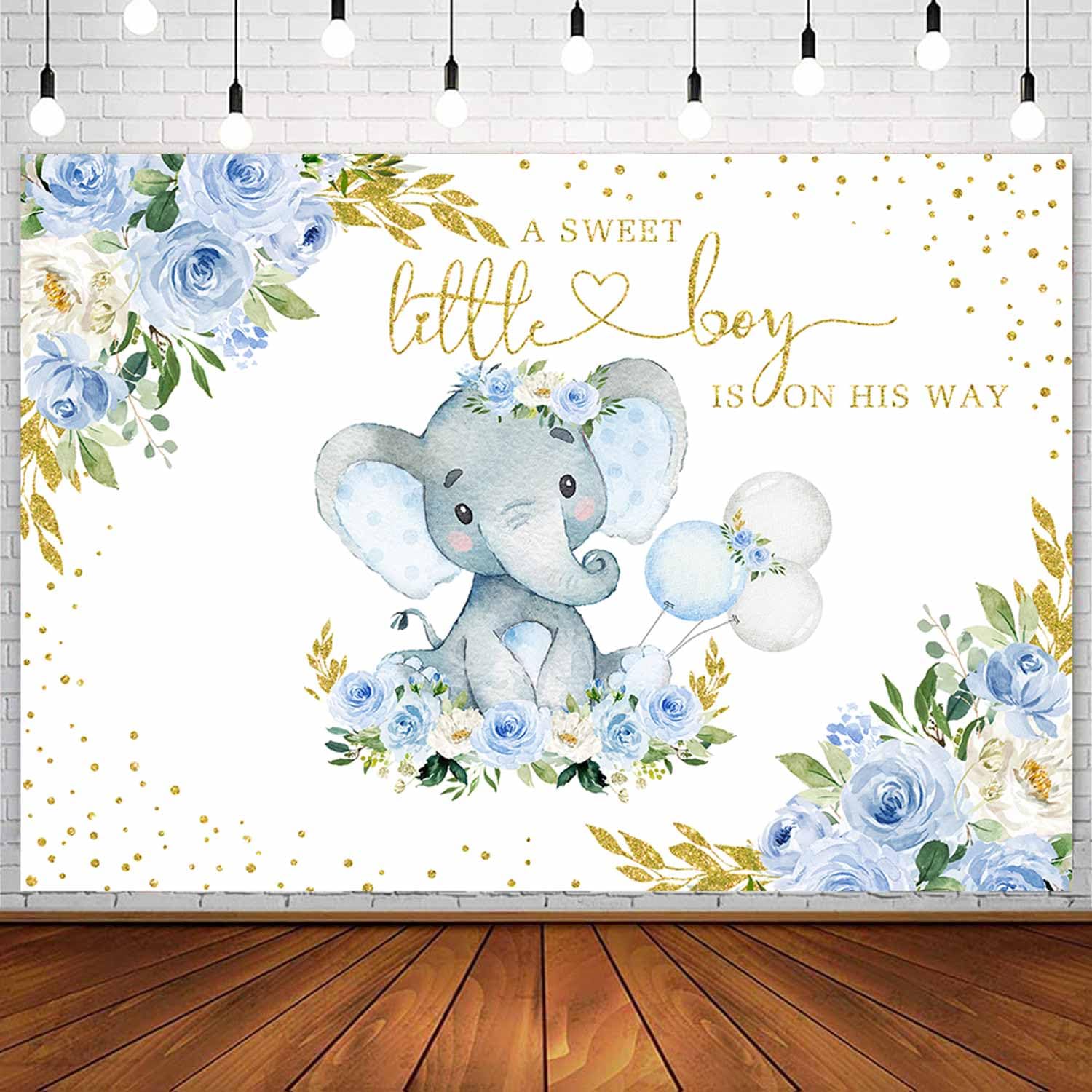 Sensfun Elephant Boy Baby Shower Backdrop Blue Watercolor Flower Little Peanut Elephant Baby Shower Decorations Cake Table Banner Party Photography