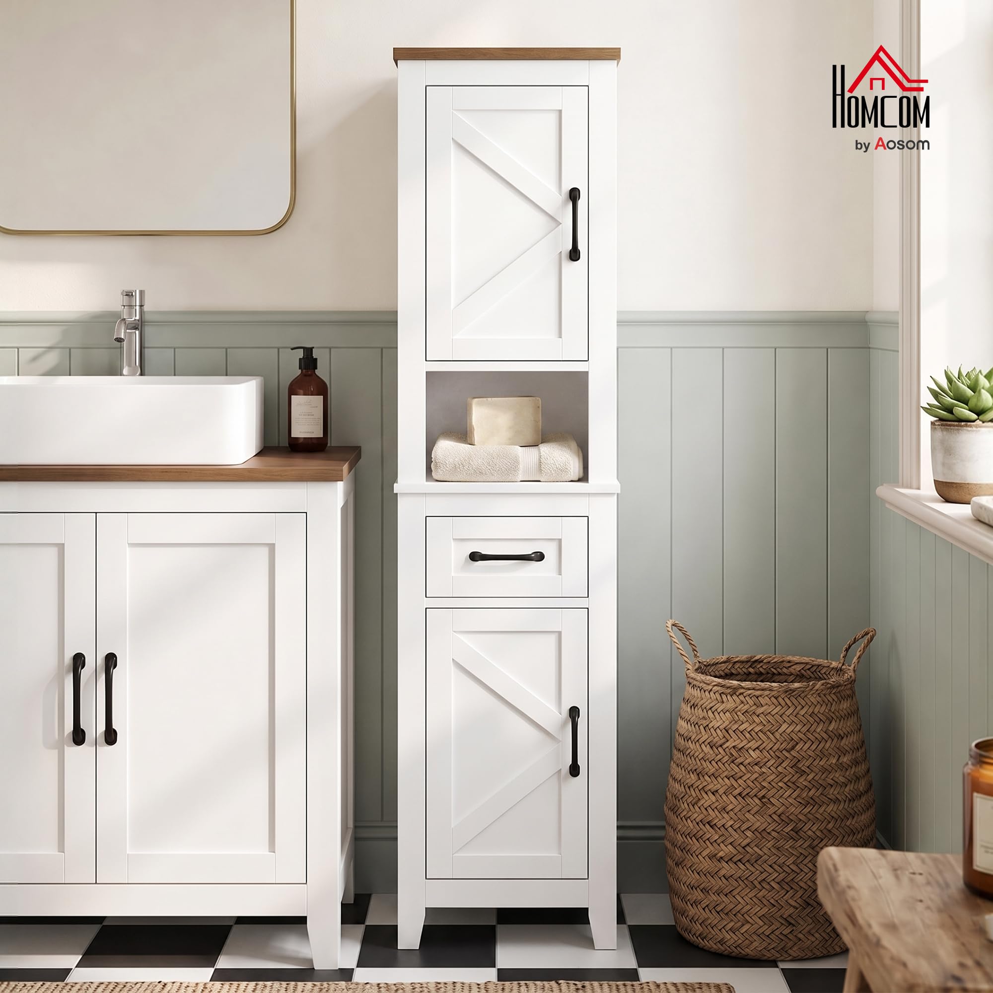 HOMCOM Armario de Baño Alto Mueble de Baño Estrecho 34,5x30x148 cm Blanco | Cajón, Estante Abierto, Puertas y Estantes Ajustables, Estilo Rústico