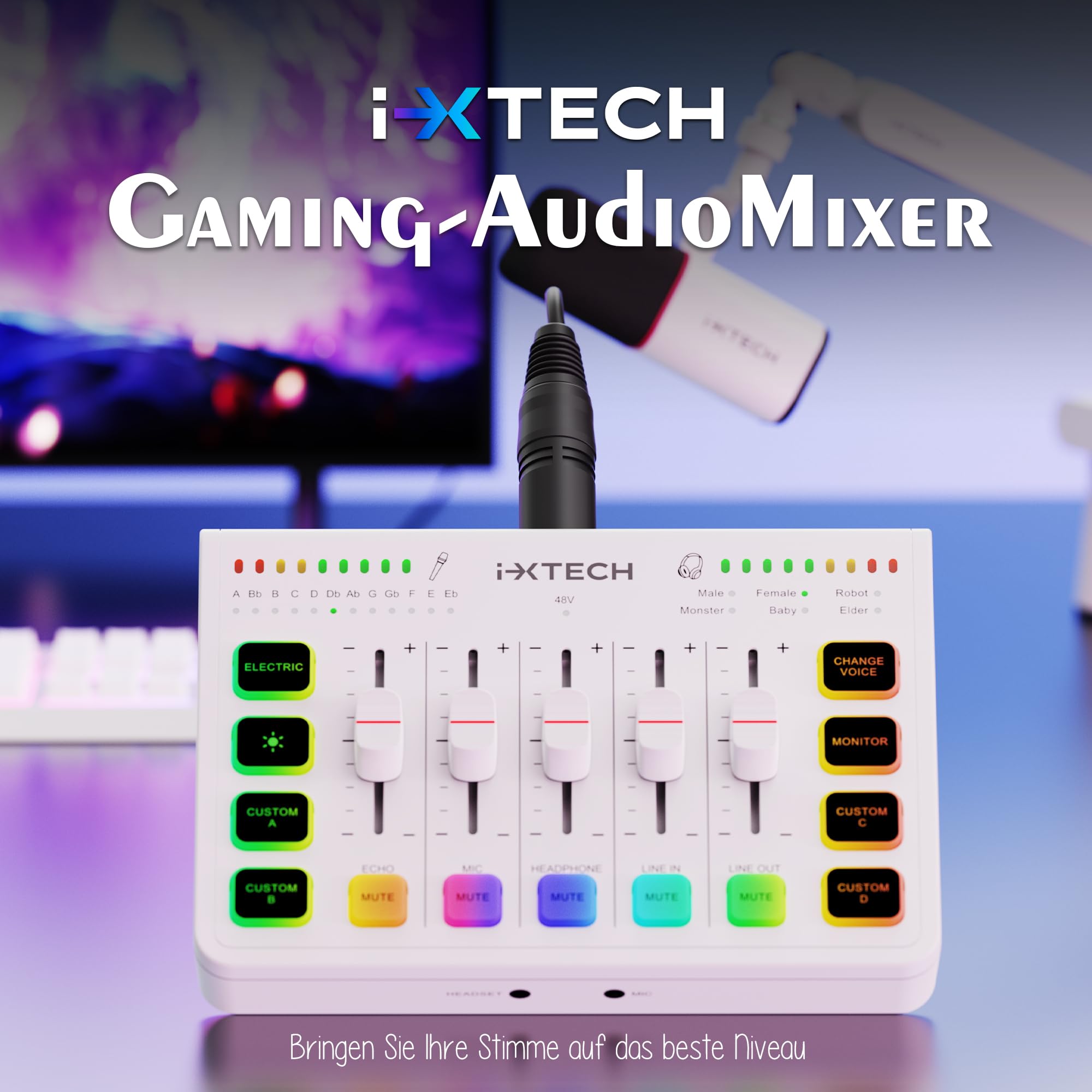IXTECH Gaming Audio Mixer 4 Channel Soundboard, Streaming RGB PC Audio Interface with XLR Microphone Support, Audio Equalizer for Gaming Podcast Streaming Karaoke, Individual Volume Controls (White)