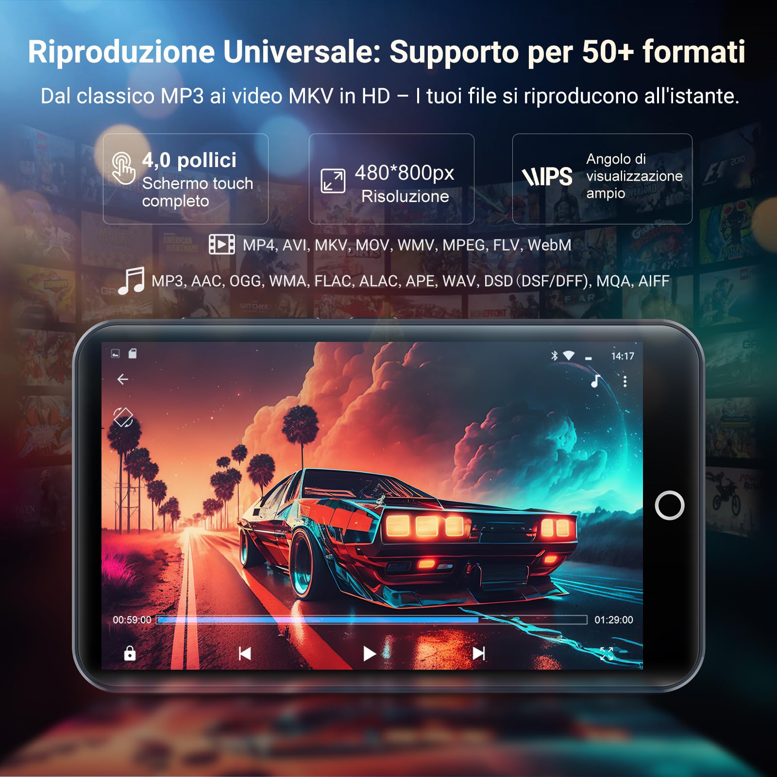 MECHEN Lettore MP3 Spotify, Bluetooth 5.0 e WiFi per Streaming Musicale (Spotify, Audible, Amazon Music, Deezer), Sistema Android 13, 4 Pollici Touchscreen (32GB)