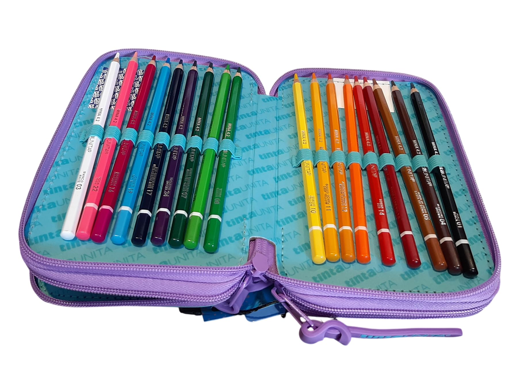PRESTIGE & DELUXE Estuche completo de color liso Pool Over 3 cremalleras Gradient azul violeta completo de papelería + estuche sobre cremallera para escuela niña niña + llavero y bolígrafo de color