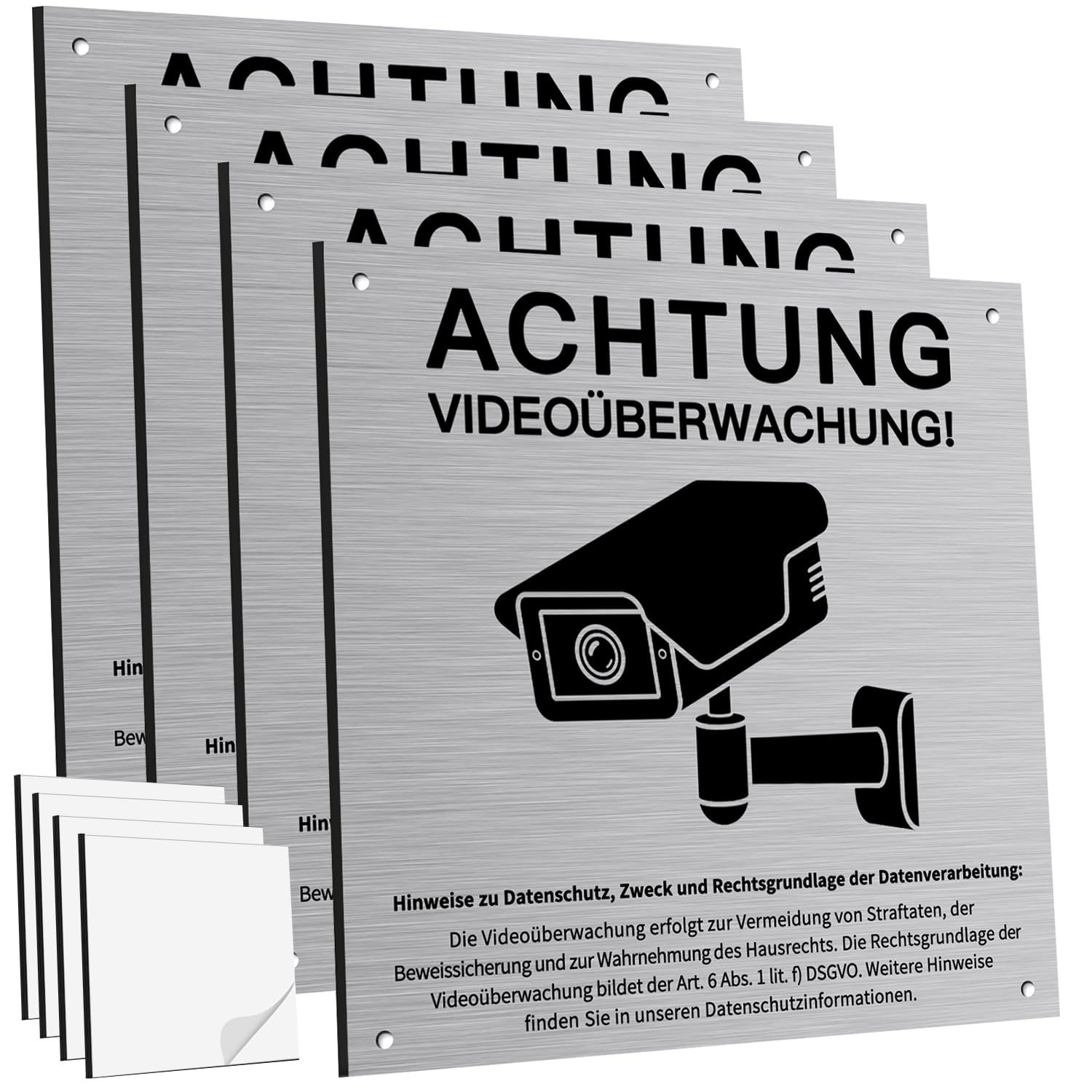 4 Stück Achtung Videoüberwachung Schild Privatgrundstück mit DSGVO Hinweis, 15x15cm Aluminium Schilder Kameraüberwachung, mit Selbstklebend und 4 Bohrlöcher, Kamera Überwachung Schild, Warnschild