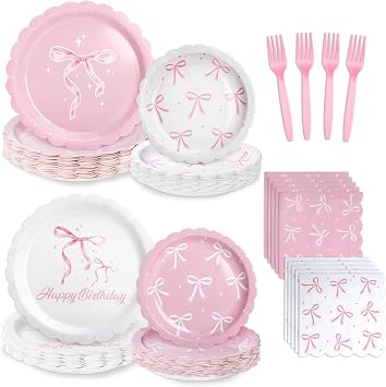96 Pcs Pink Bow Plates and Napkins Tableware Set Serve 24, Bow Birthday Decorations, Party Supplies Include Plates Napkins Plastic Forks, Pink Birthday Decorations