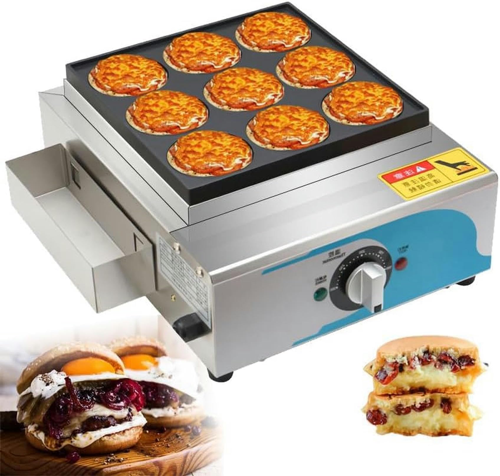 AYCDL 9 Hole Egg Burger Machine,Commercial Electric Heating Meat Hamburger Maker Griddle,50-300℃Tempand5min Time Control,for Bakery,A,A