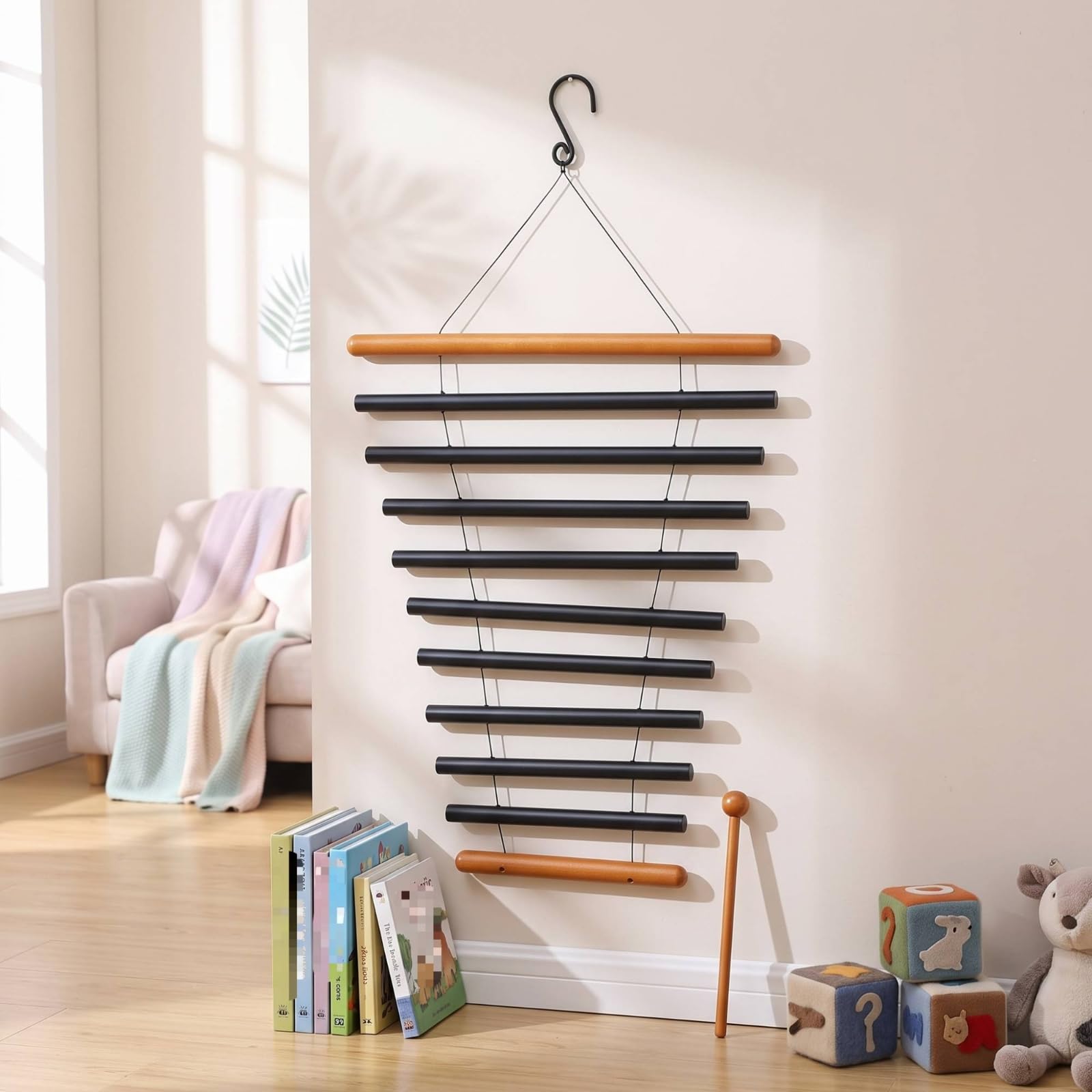 de Percusión Infantil Tubular Xilófono Colgante Diseñado para Golpeo Suave y Resonante Adecuado para Relajación Hogares Rincones de Juego, Negro, Étnico