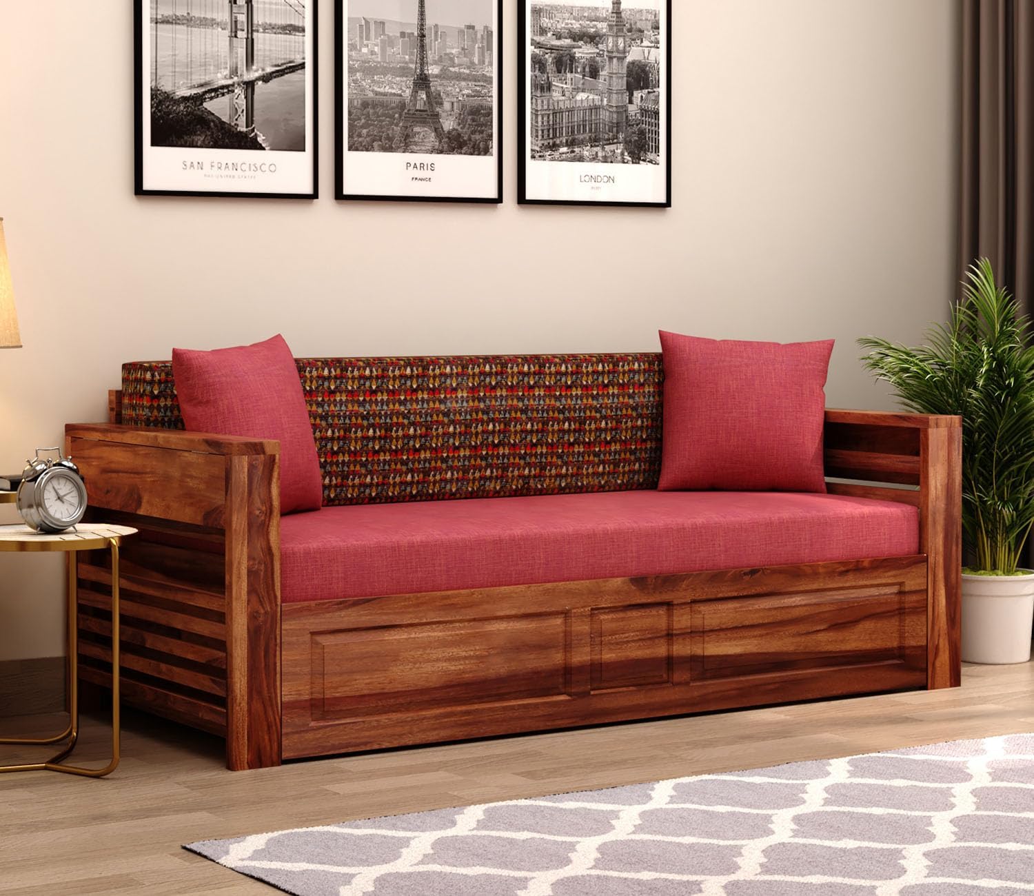 NATRAJ ART & CRAFT Sheesham Wood Foster 3 Seater Sofa Cum Bed for Living Room Three Seater Sofa Bed for Home Sofa Com Bed Sheesham Wood | 7 Year Warranty (Honey Berry Diamonds) - 3 Seater, Beige