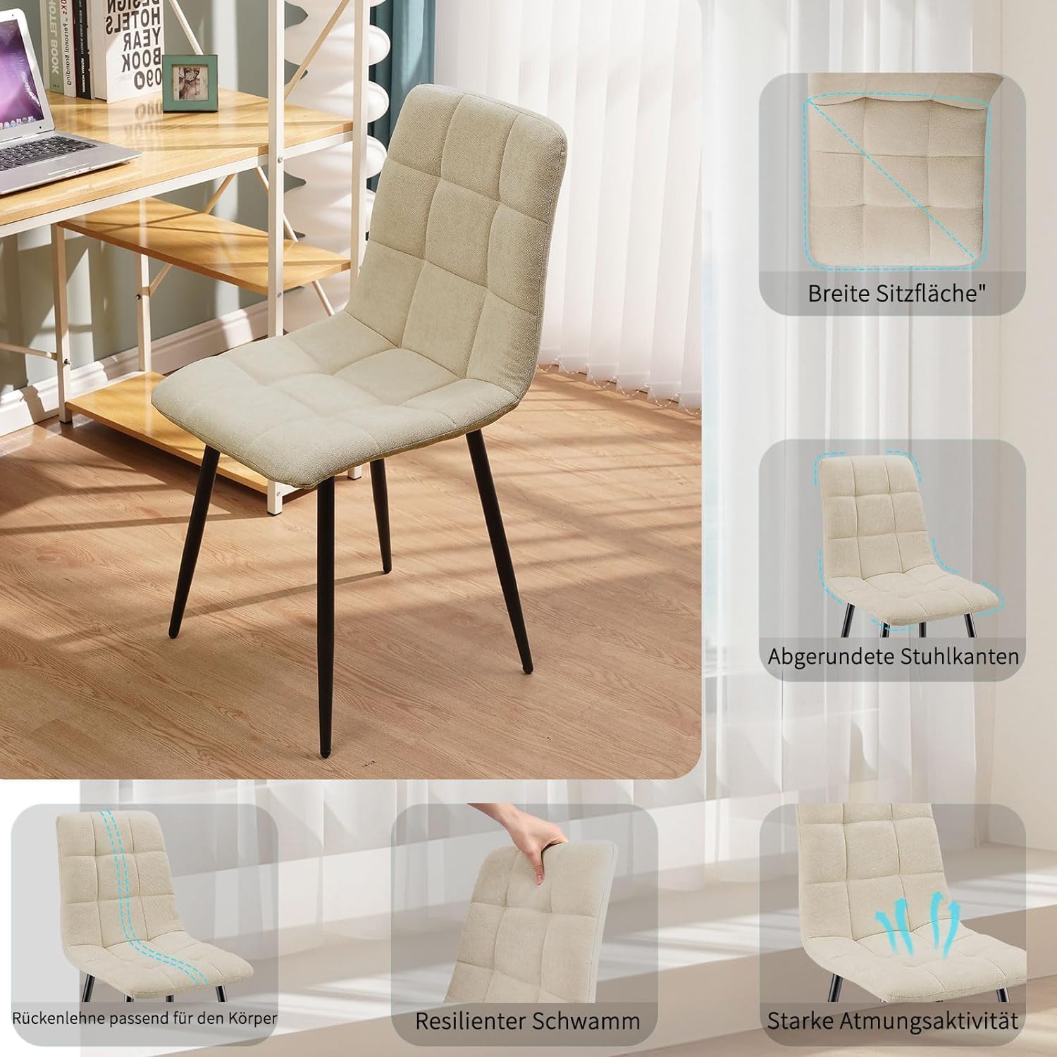 JIJIAN 4er Set Esszimmerstühle, Gepolsterte Stühle mit Leinenstoff und Schwarzen Metallbeinen, Schachbrettmuster, Esszimmerstühle für Esszimmer Wohnzimmer Küche, Beige