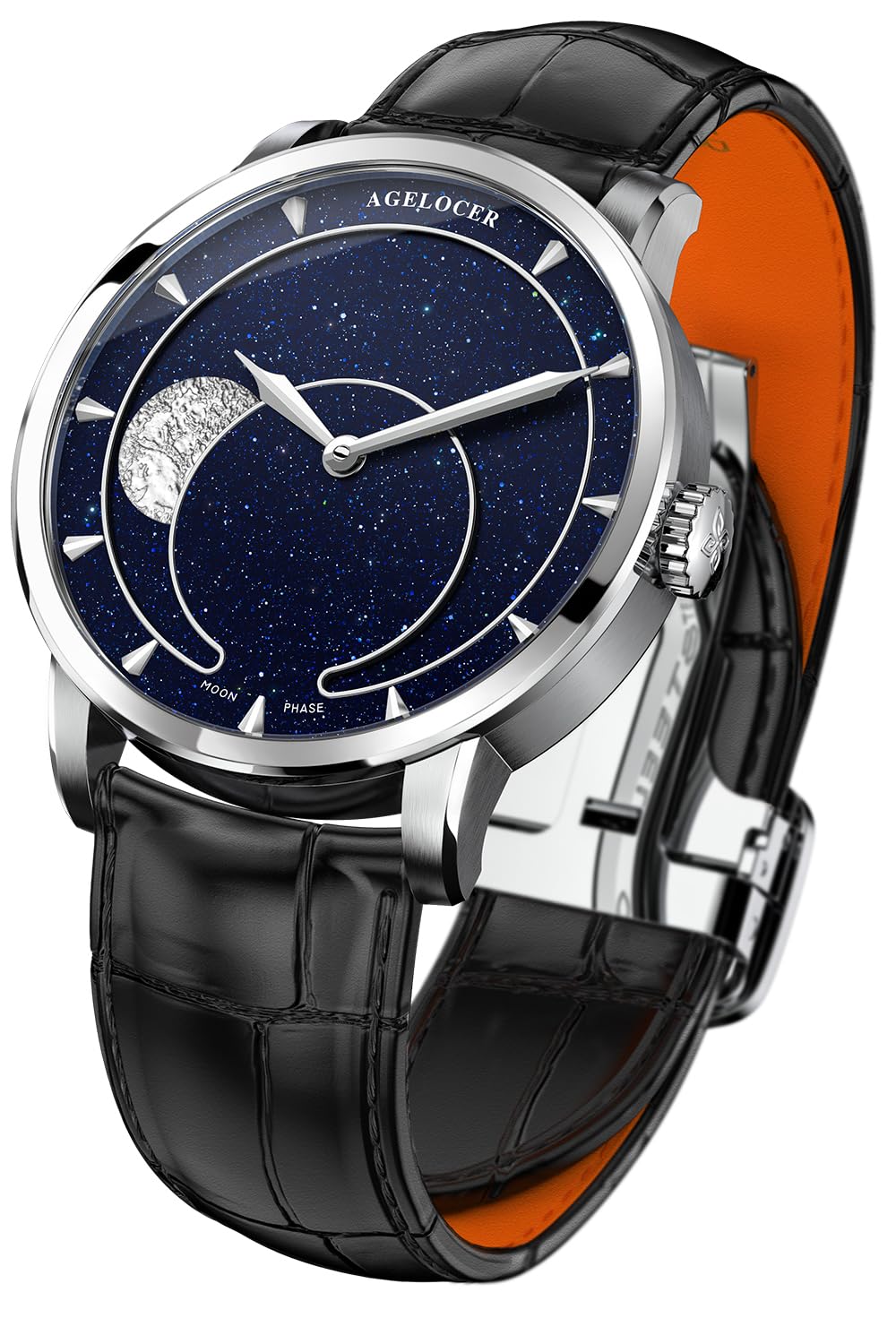 agelocer Mechanische Automatikuhr für Herren, New Moonphase, 40 mm, 3D-Zifferblatt aus blauem Sandstein, 80H Gangreserve, Saphirglas, Krokodillederarmband