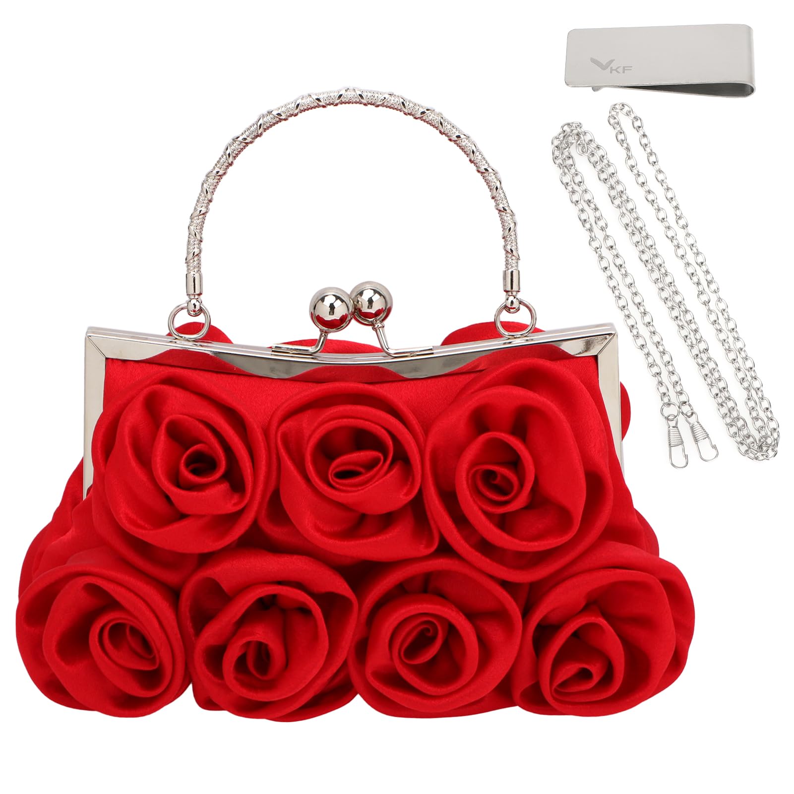 kilofly Rose Clutch Evening Purse Satin Small Bag with Detachable Strap Money Clip