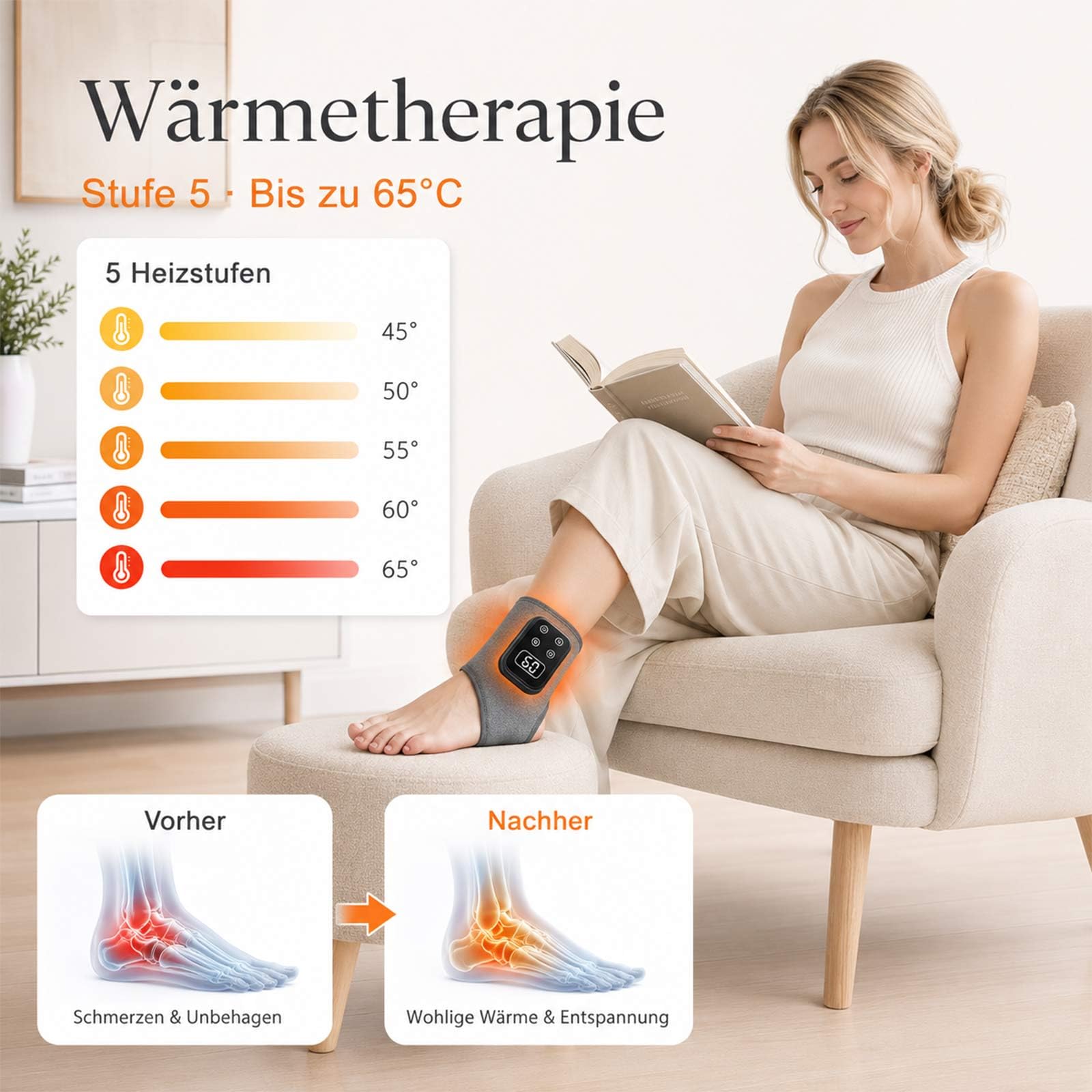 3-in-1 Fussmassagegerät mit Wärme, Kabellos Fußmassagegerät für Schmerzlinderung & Durchblutung, 5 Vibrationsmodi & 5 Heizstufen, USB-C Wiederaufladbares, Ideal für Zuhause, Büro und Sportler, 2 Stück
