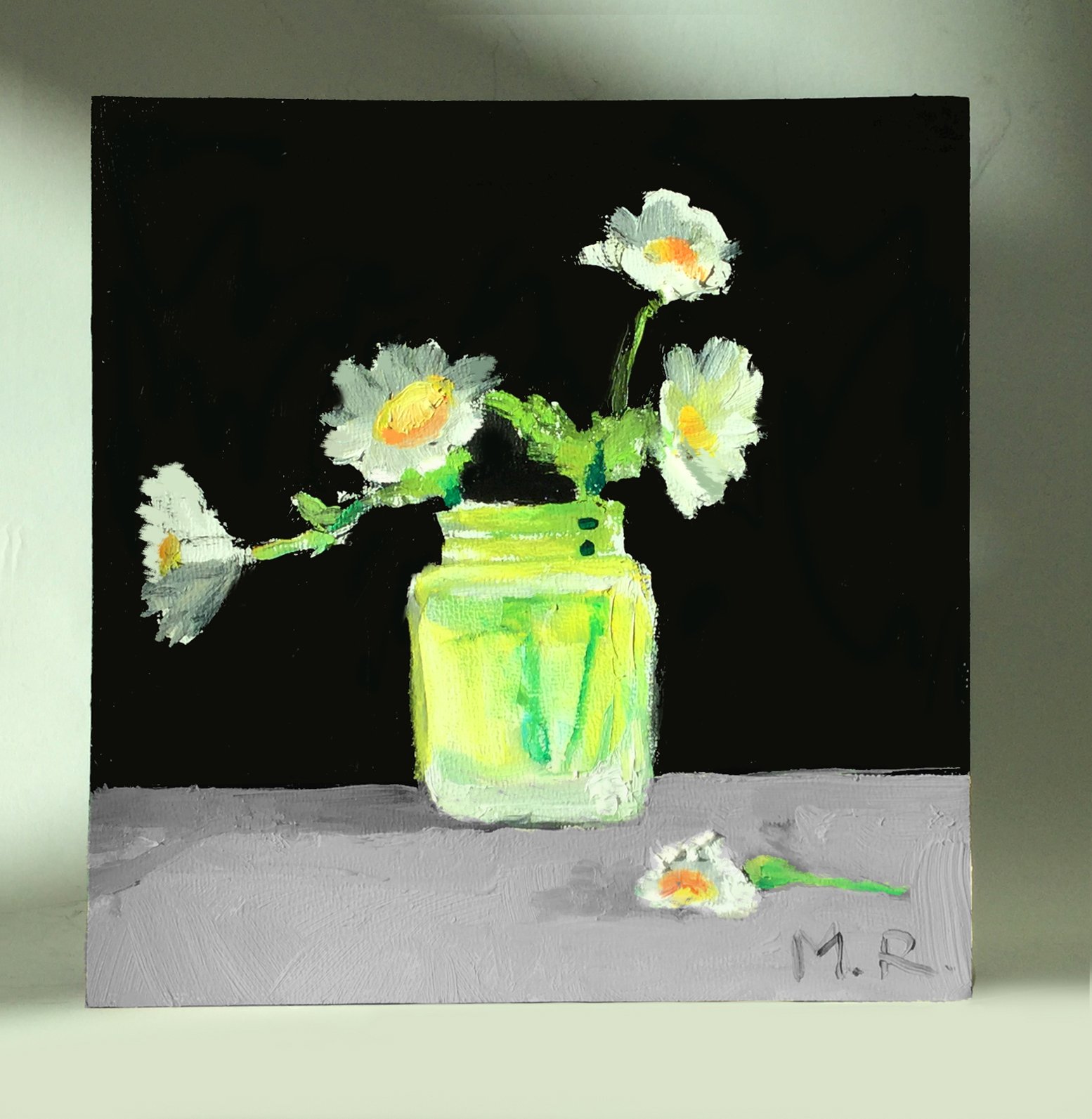 Painting for home decor, floral Camomile miniature oil painting on wood panel 6"x6"