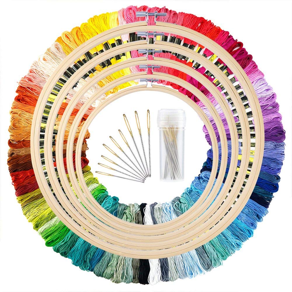 5 Pieces Bamboo Embroidery Hoops with 100 Colors Skeins Embroidery Thread Floss Cross Stitch and Needles