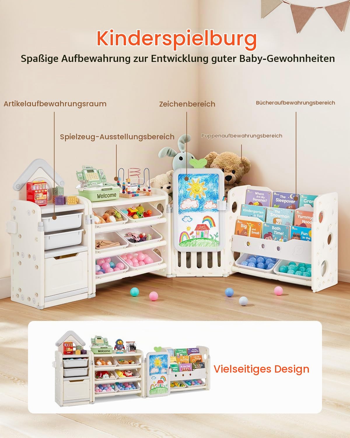 VEVOR Spielzeugaufbewahrung Bücherregal Spielzeugregal HDPE, 4-stöckige multifunktionale Ablage mit 10 flexiblen Kunststoffbehältern & Zeichenbrett, für Schlafzimmer Klassenzimmer (Grau + Beige)