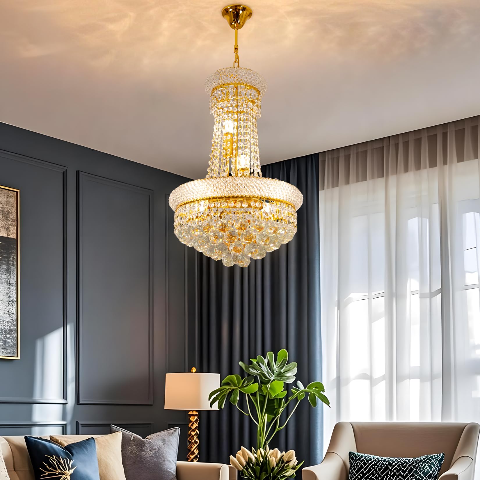 Kristall Kronleuchter Gold 6-Light Ø40cm: Pendelleuchte Vintage Korb Lüster Deckenleuchte mit 6 x E14 Lampen, 3 wählbare Farbtemperaturen & höhenverstellbar für Flur, Kücheninsel