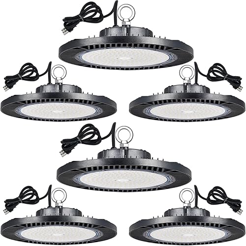 Paquete de 6 luces LED de alta bahía de 240 W, 33600 lm (Eqv.1000W HIDHPS) 100-277V, IP65, 5000K UFO LED High Bay Shop con cable de 5 pies enchufe