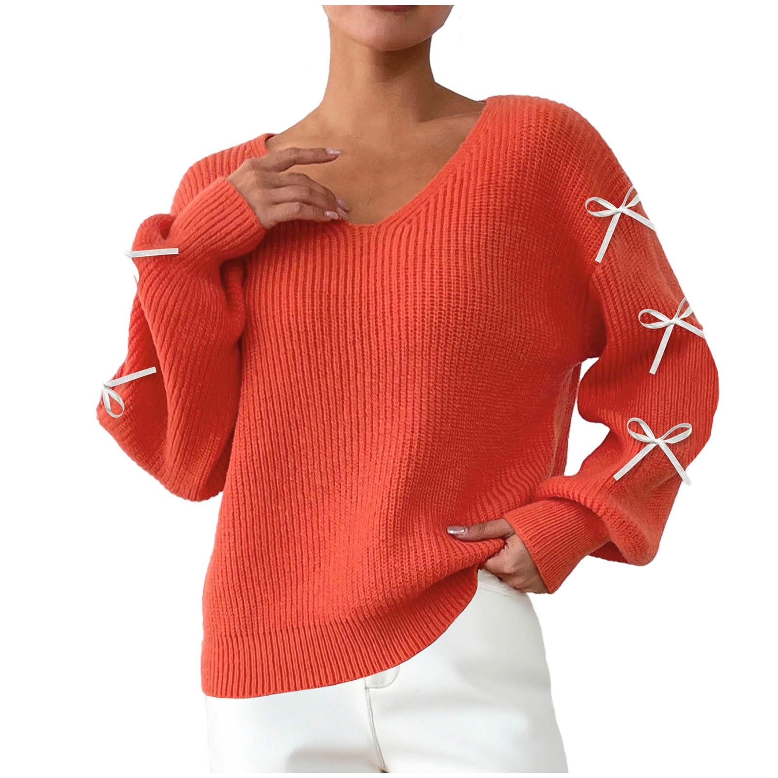 Womens Cable Knit Sweaters Chunky V Neck Long Lantern Sleeve Bow Patchwork Casual Loose Fall Trendy Pullover Tops