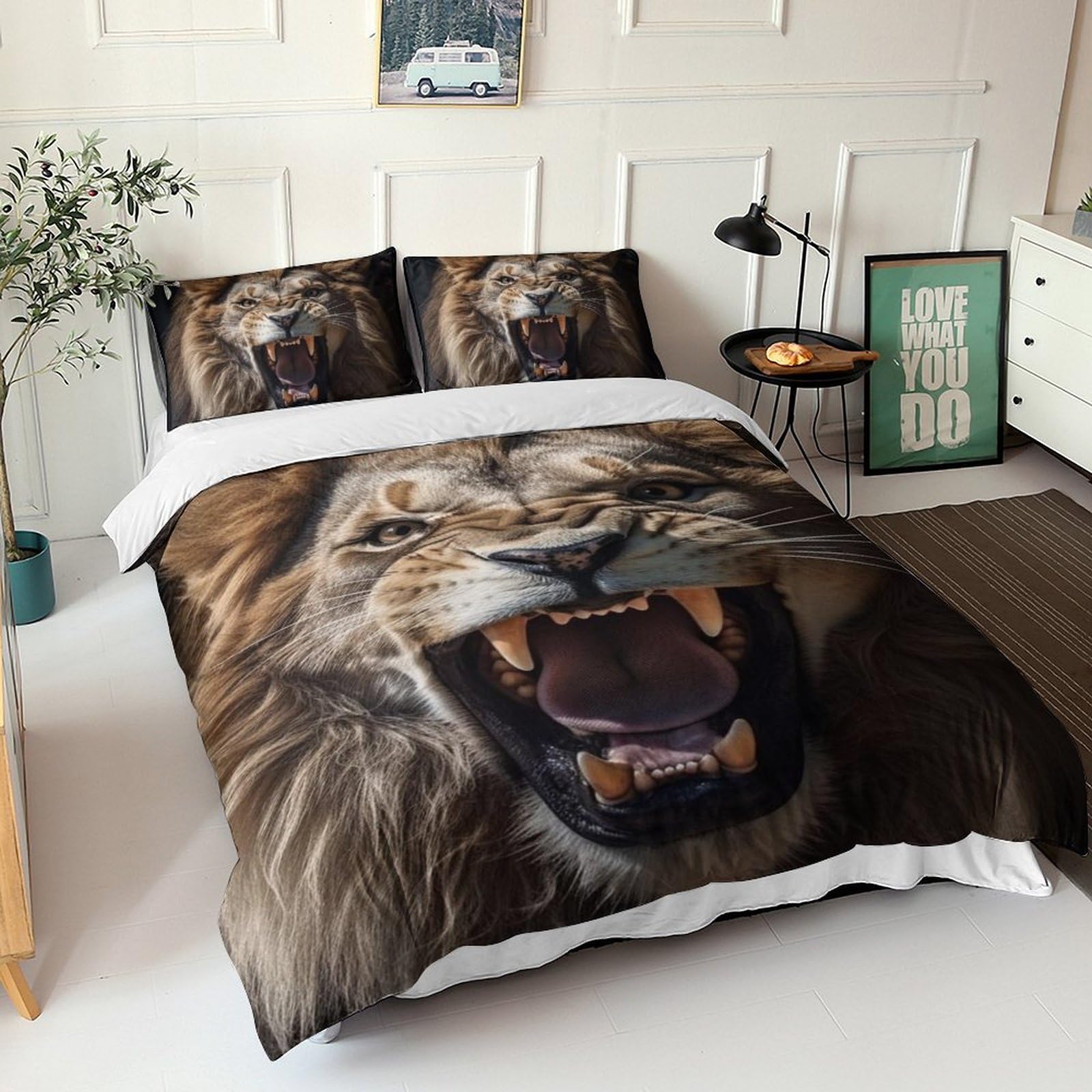 Parure de lit hypoallergénique microfibre respirante motif animaux sauvages lion 3D