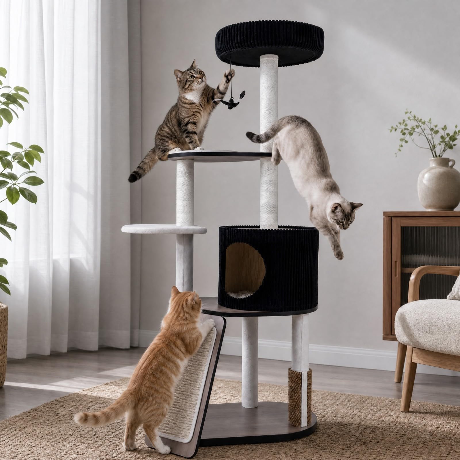 GOPLUS 155 cm Gran Torre de Gatos Multinivel con Postes Rascadores y Rampa | Árbol Rascador para Gatos con Casita, Percha Mullida, Plataformas y Juguete Colgante, Centro de Actividades para Gatitos
