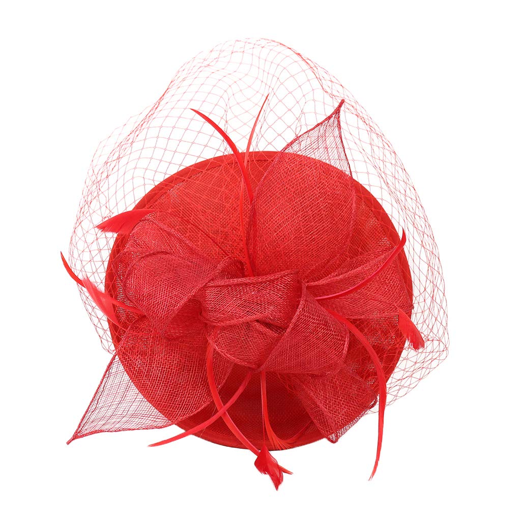 Sinamay Hat Feather Headband Fascinator Veil Wedding Royal Ascot Red|Clothing Shoes & Accessories | Womens Accessories | Fascinators & Headpieces-image-0