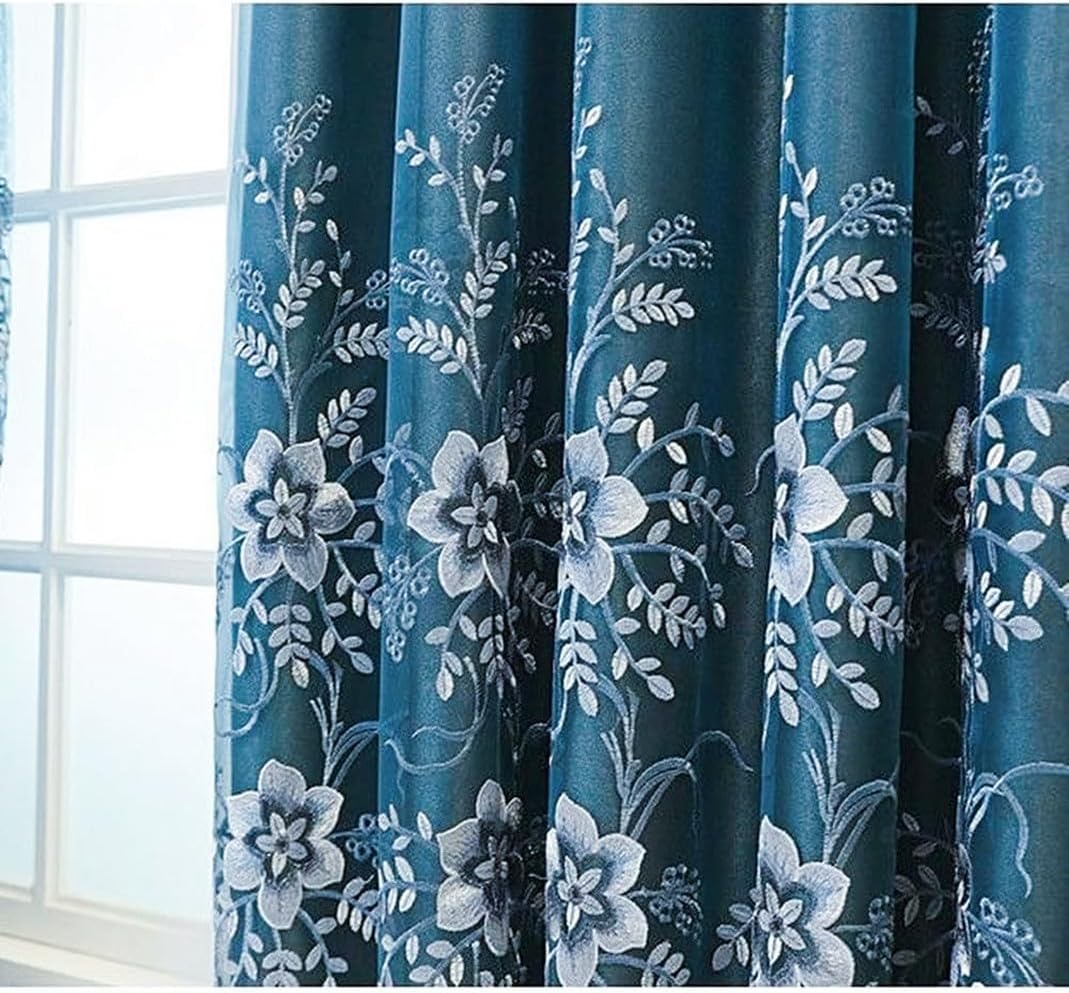 Amidoudou 1 Pair European Double Layer Curtains for Living Room Bedroom Luxury Flower Embroidered Curtains with Valance (Blue,54x84 Inch)