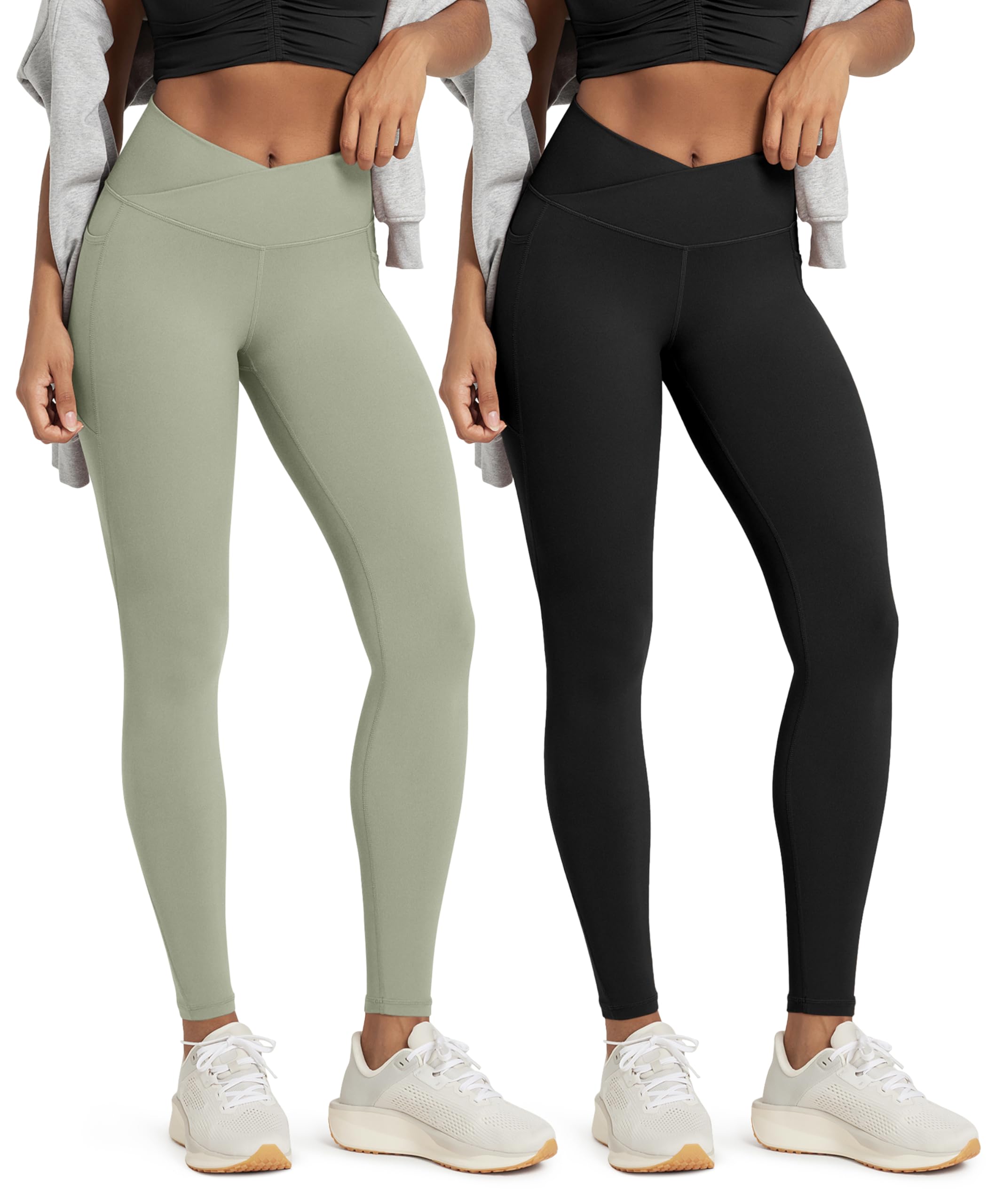 ODODOS 2 Pack Buttery Soft Cross Waist Leggings with Pockets for Women, ODCLOUD 25" / 28" Crossover Lounge Yoga Pants