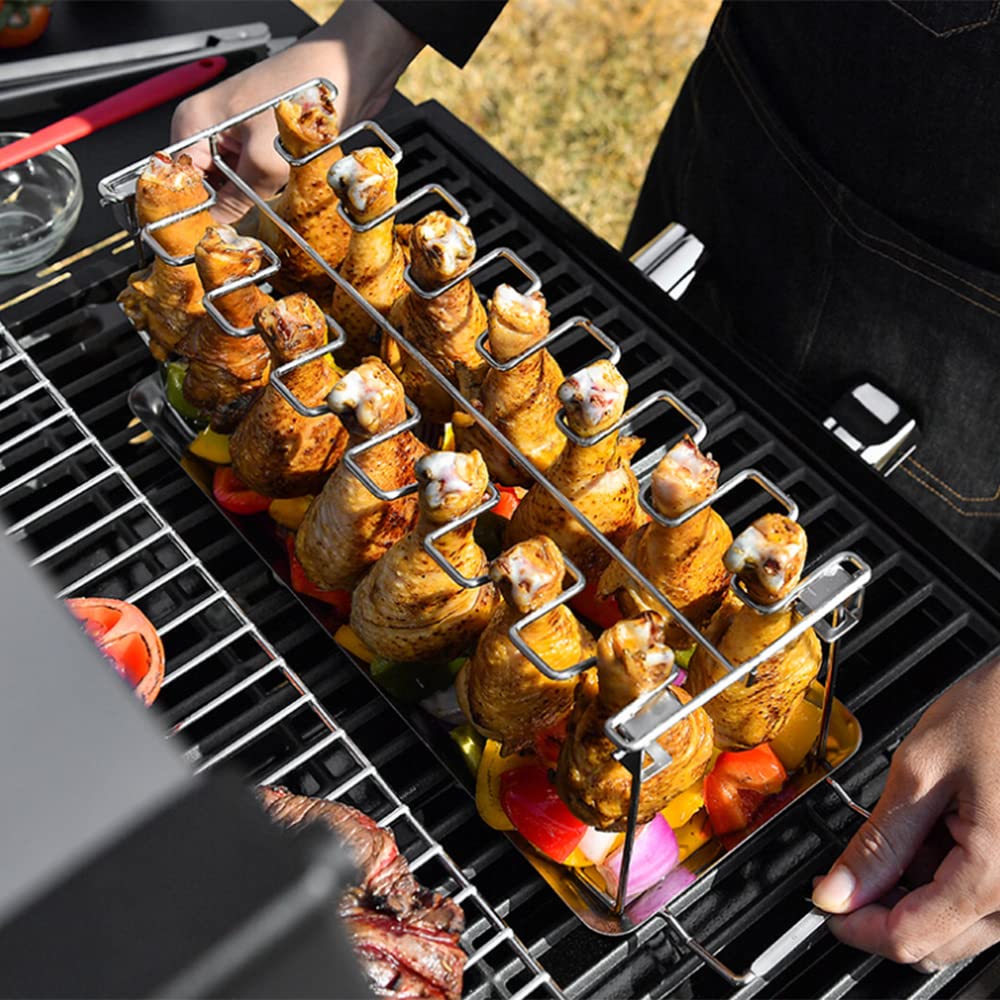 TopHomer Griglia pieghevole per gambe di gallina, gamba di pollo e ala a 14 scomparti per arrostire forno o barbecue con versatile vassoio antigoccia
