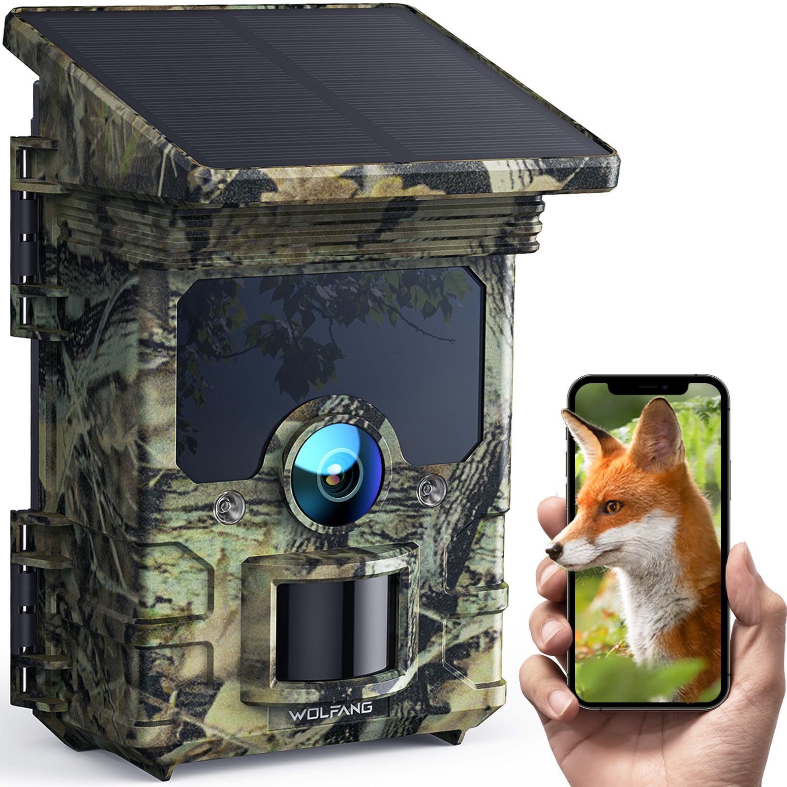 WOLFANG Wildlife Camera WiFi Bluetooth, 4K 68MP Solar Trail Camera, 5200mAh Lithium Battery, Night Vision Motion Activated 0.1s Trigger Time Game Camera for Wildlife Monitoring