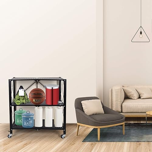 Miniatura 2 de HealSmart Estantería de metal plegable de 3 niveles con ruedas, estantes organizadores para garaje y cocina con capacidad de hasta 750 libras, color