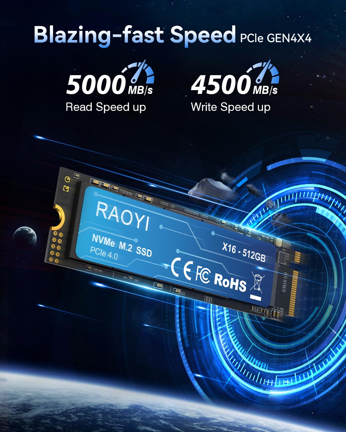 RAOYI Unità a stato solido interna NVMe da 512 GB M.2 2280 PCIe Gen4x4 SSD, fino a 5000 MB/s, configurazione cache SLC, archiviazione ed espansione di memoria per desktop laptop PS5