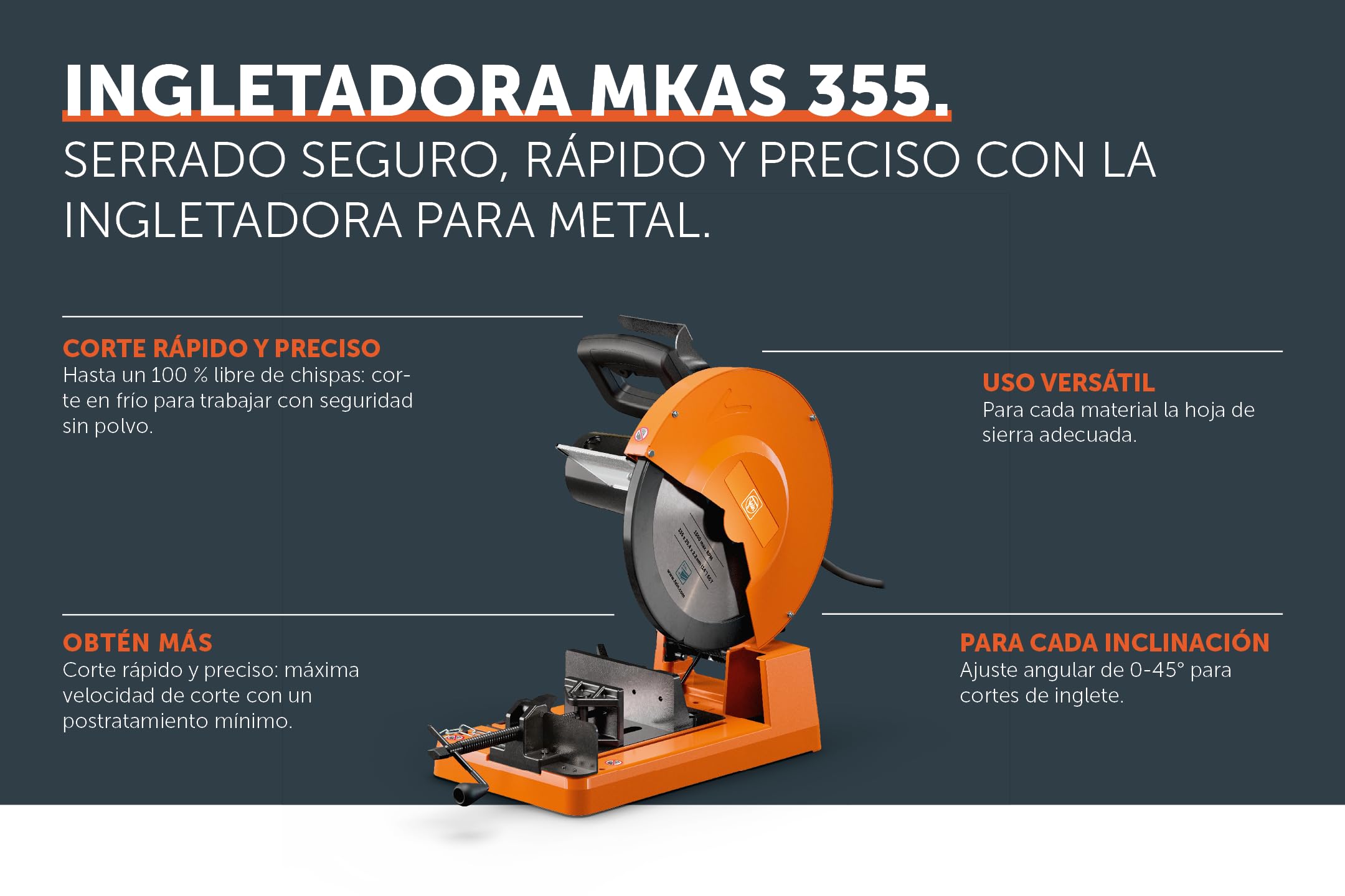 FEIN Ingletadora para metal MKAS 355 para el corte rápido y preciso de tubos cuadrados de hasta 120 mm y perfiles redondos de hasta 100 mm. Diámetro de la hoja de sierra 355 mm.