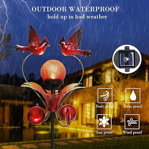 Miniatura 4 de VCUTEKA Luces solares de metal para exteriores, estaca de jardín impermeable, globo de vidrio agrietado, decoración de jardín, cardenal para camino,