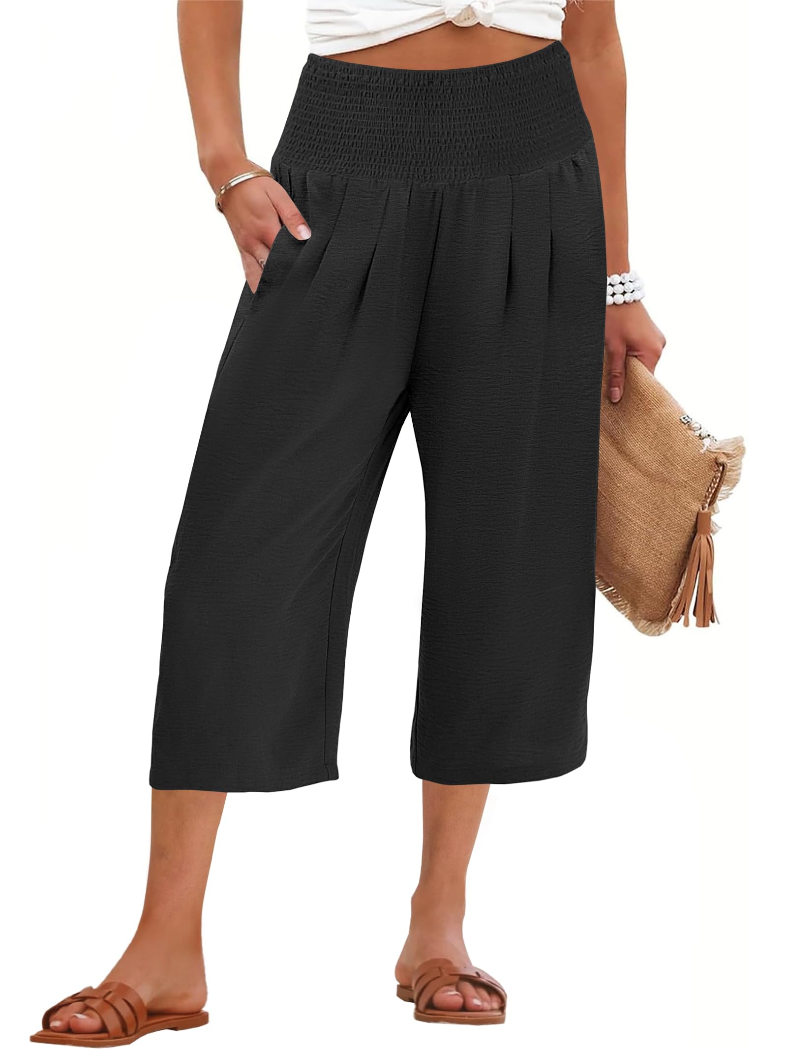 ANRABESS Women Wide Leg Palazzo Capri Pants High Waisted Smocked Lounge Trousers 2026 Summer Loose Flowy Casual Beach