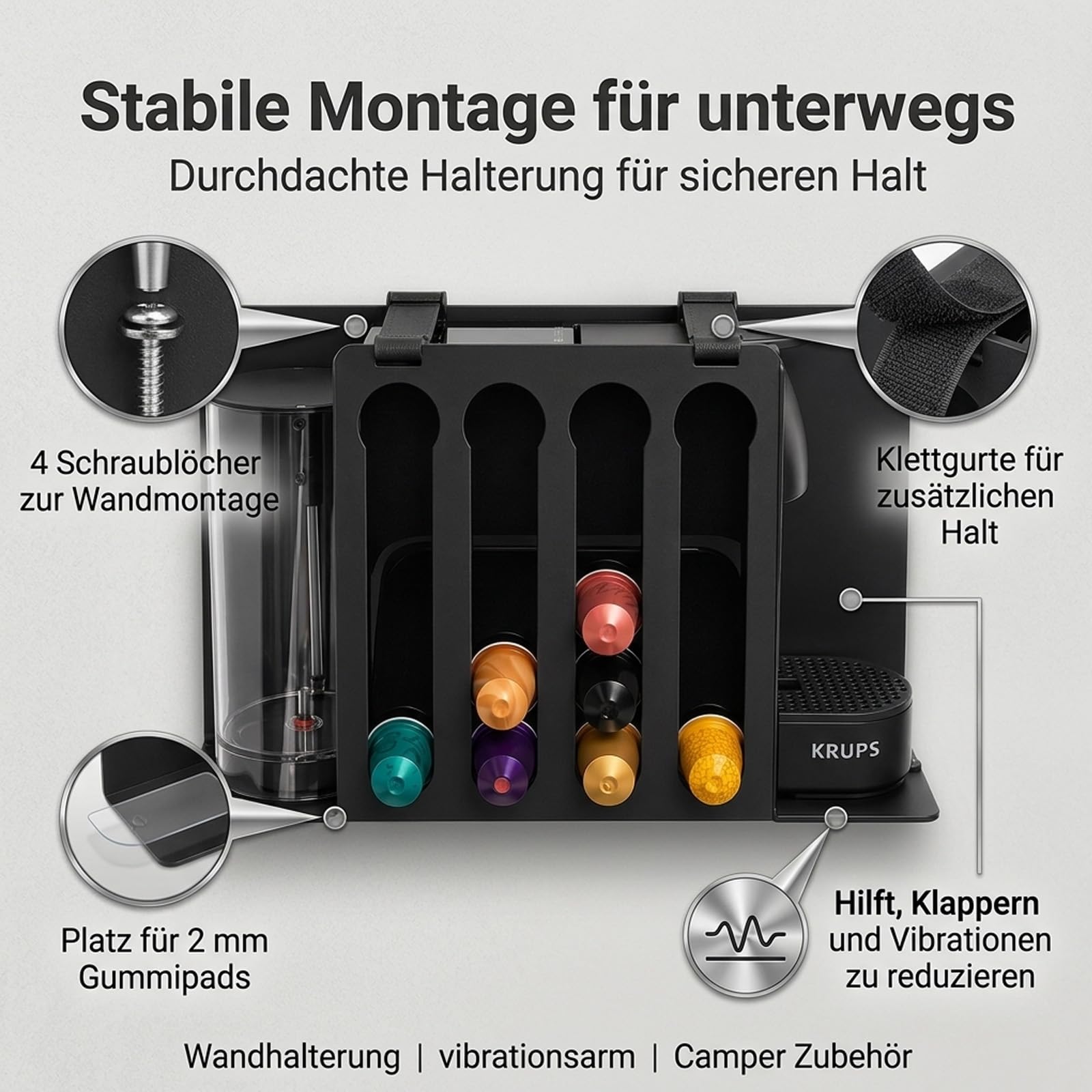 Wandhalterung kompatibel mit Krups Nespresso Essenza Mini, mit Kapselhalter, platzsparende Halterung für Wohnmobil, Camper, Wohnwagen und kleine Küchen