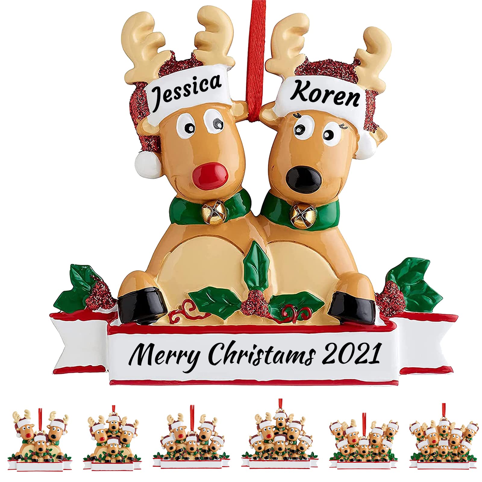 SeeWeLovePersonalised Deer Christmas Tree Ornament Family of 2,3,4,5,6,7,8 Name Cute Santa Reindeer 2024 Christmas Decoration Xmas Gift-Family of 2