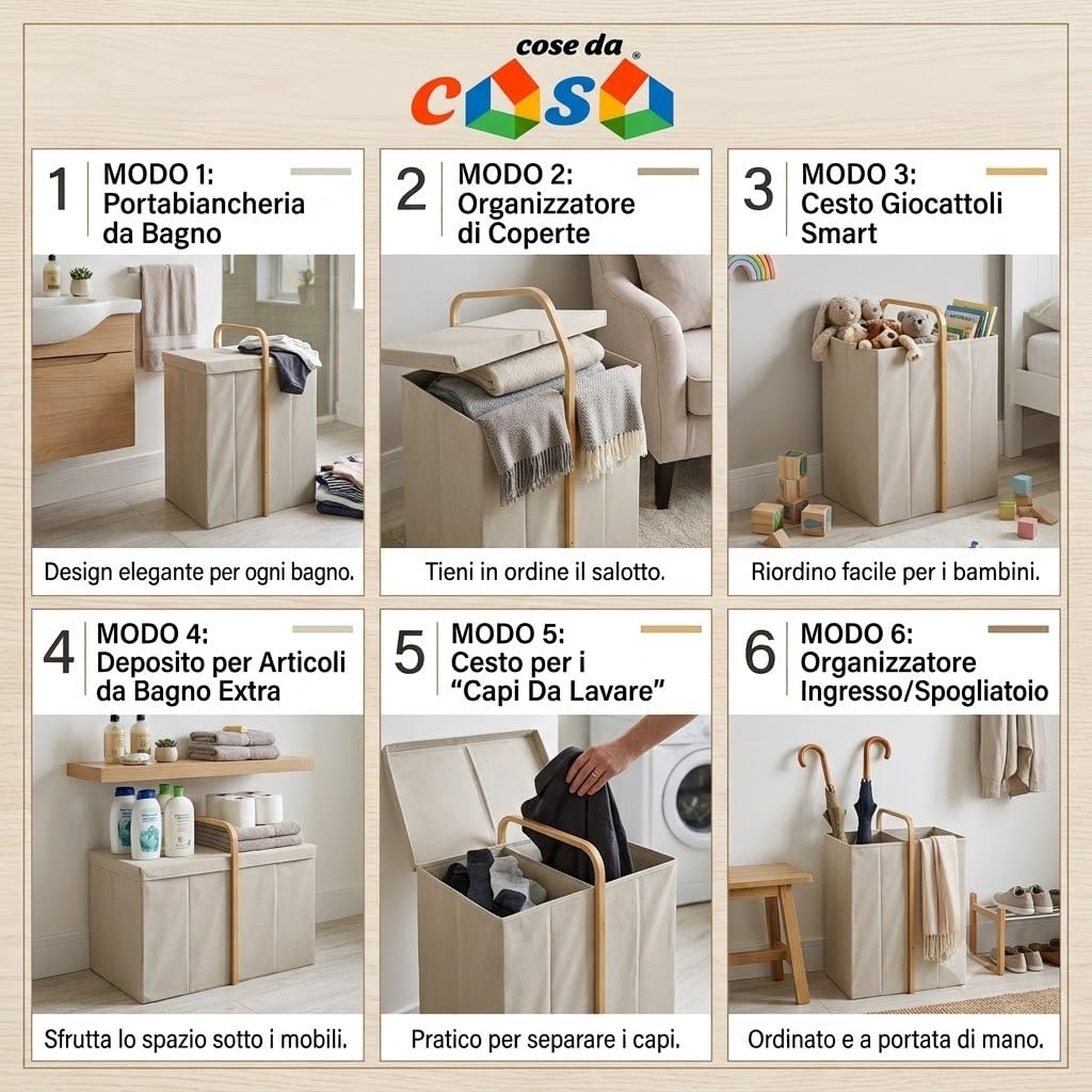 Cesta Portabiancheria Ordinet Pieghevole 2 Scomparti in tessuto con manico in Legno di Bambù, Cesto Lavanderia Salvaspazio con Coperchio per Giochi e Vestiti, L50xP36xH65cm, Beige